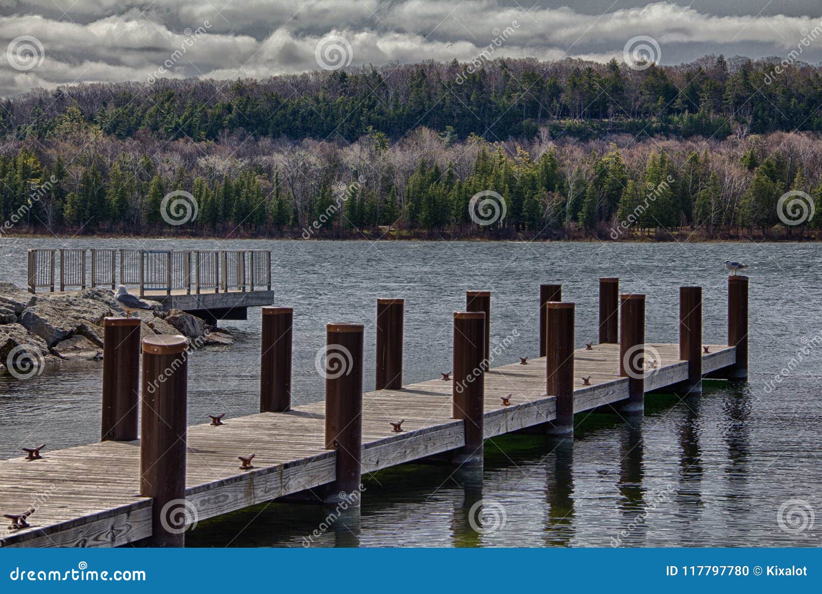 wooden piers along door county, wi shoreline