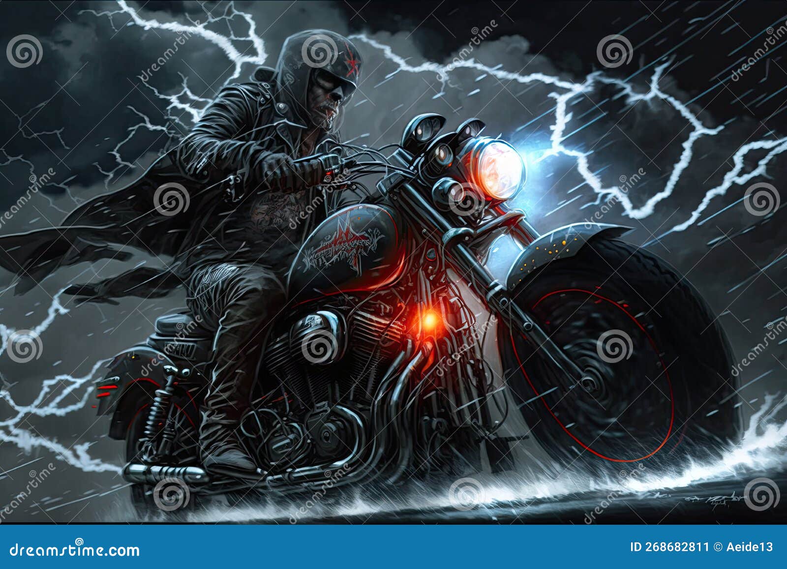 rolling thunder. gritty motorcycle rider drives through a nighttime electric lightning storm. abstract .