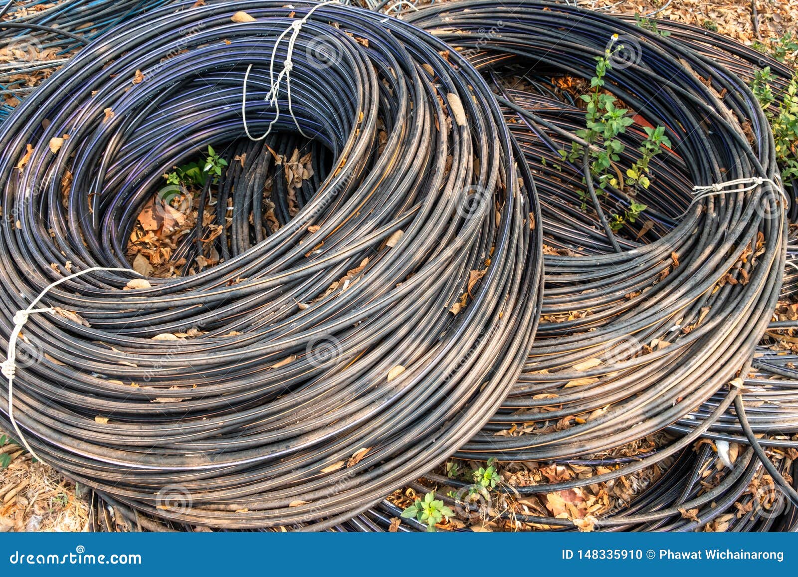 Rolls of Black Cables Lying on the Ground. Stock