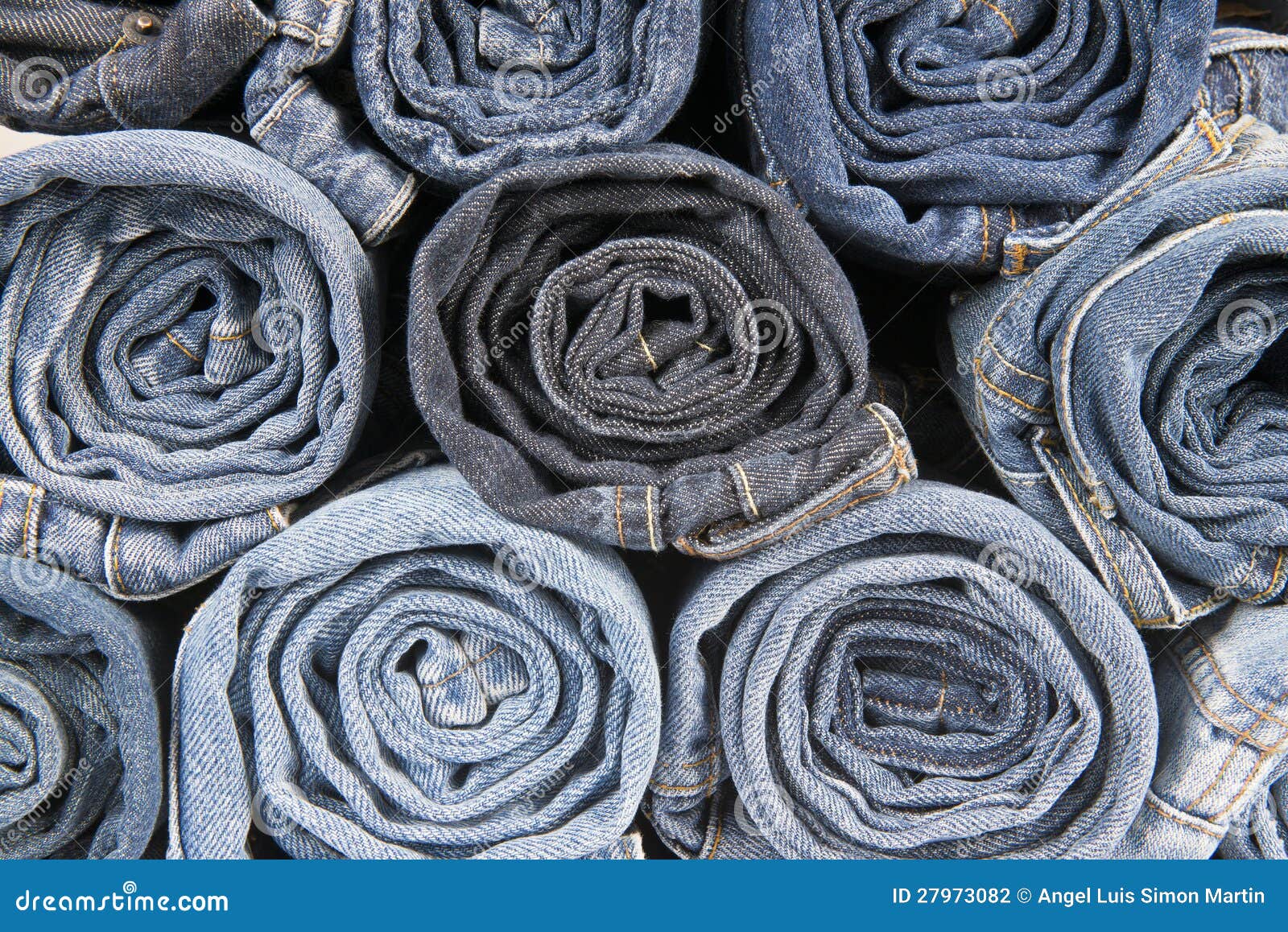 Rolls of Different Worn Blue Jeans Stacked Stock Photo - Image of blue ...