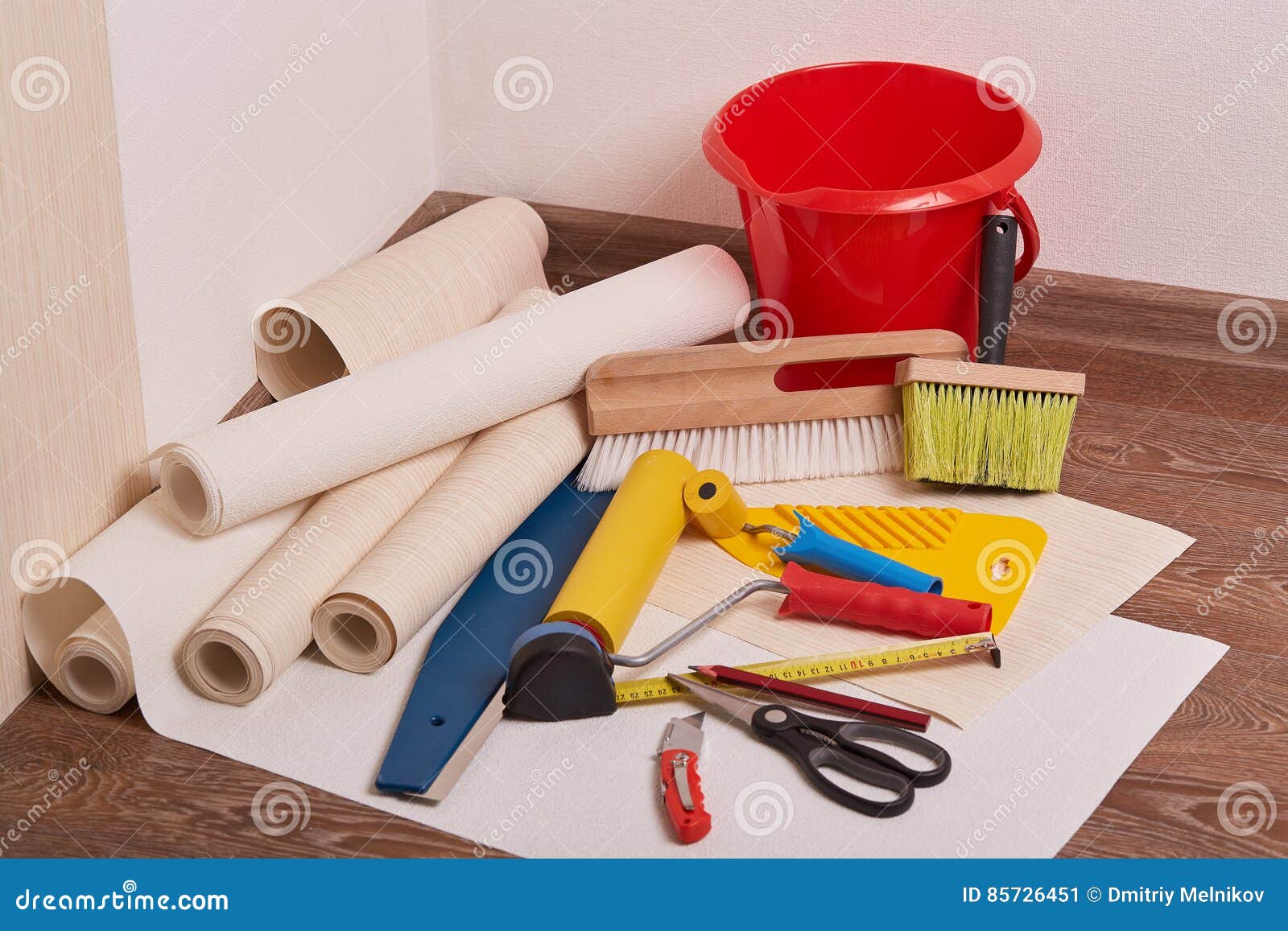 Rolls of Wallpapers and Various Tools for Wallpapering. Stock Image ...