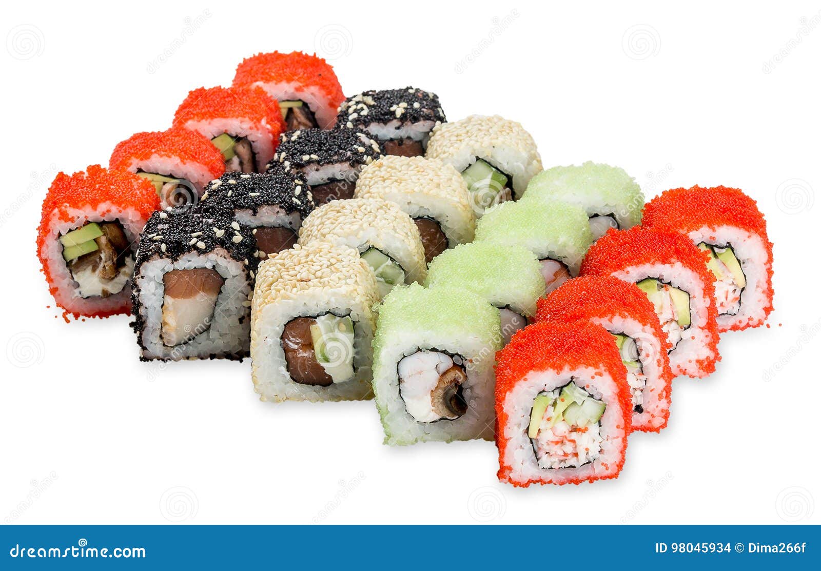 Rolos de sushi ajustados de Hanabi - isolados no fundo branco. Placa ajustada do sushi de Hanabi - isolada no fundo branco, tiro do estúdio