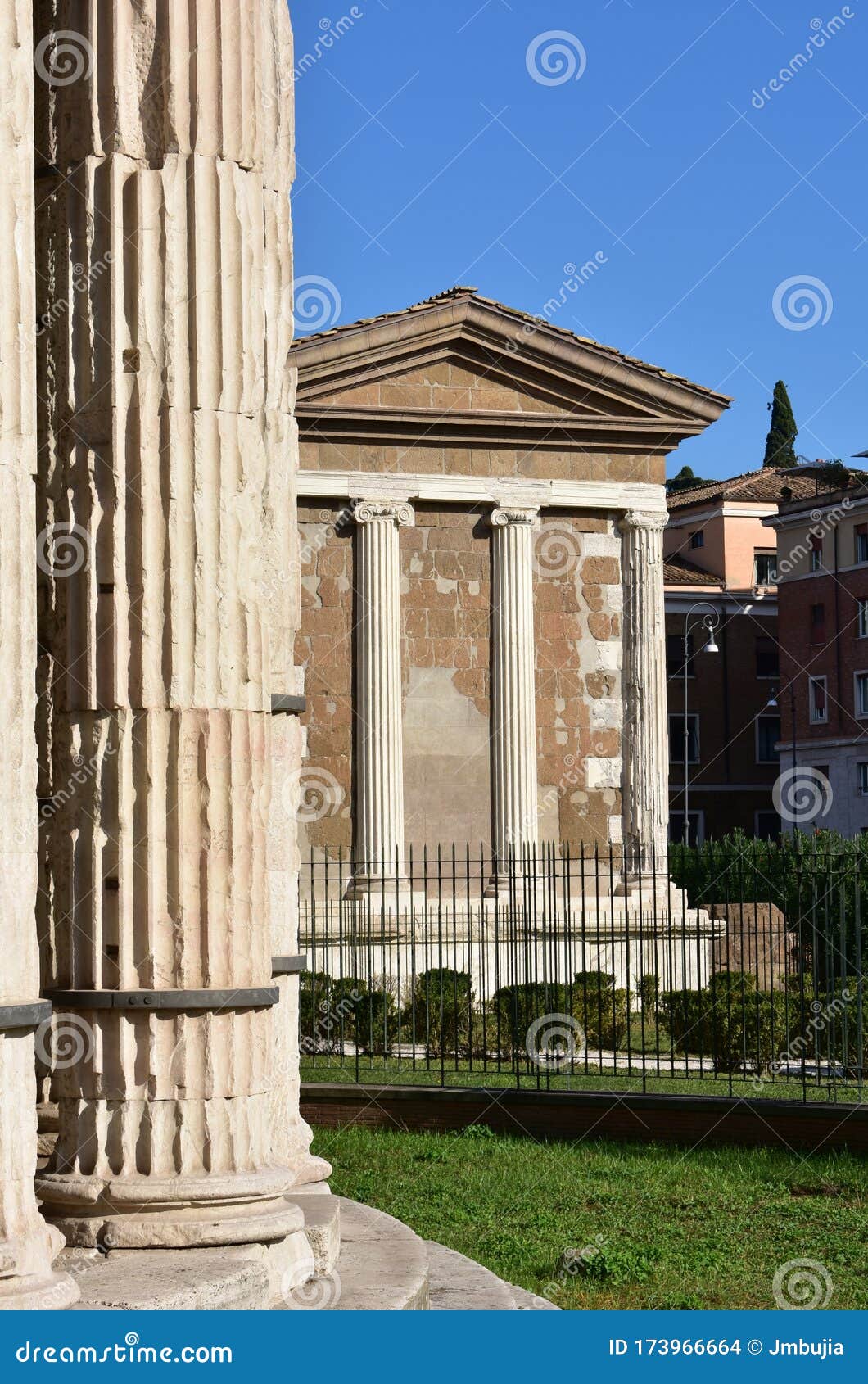 tempio di portuno from tempio di ercole vincitore. ancient roman greek classical style temples. rome, italy.