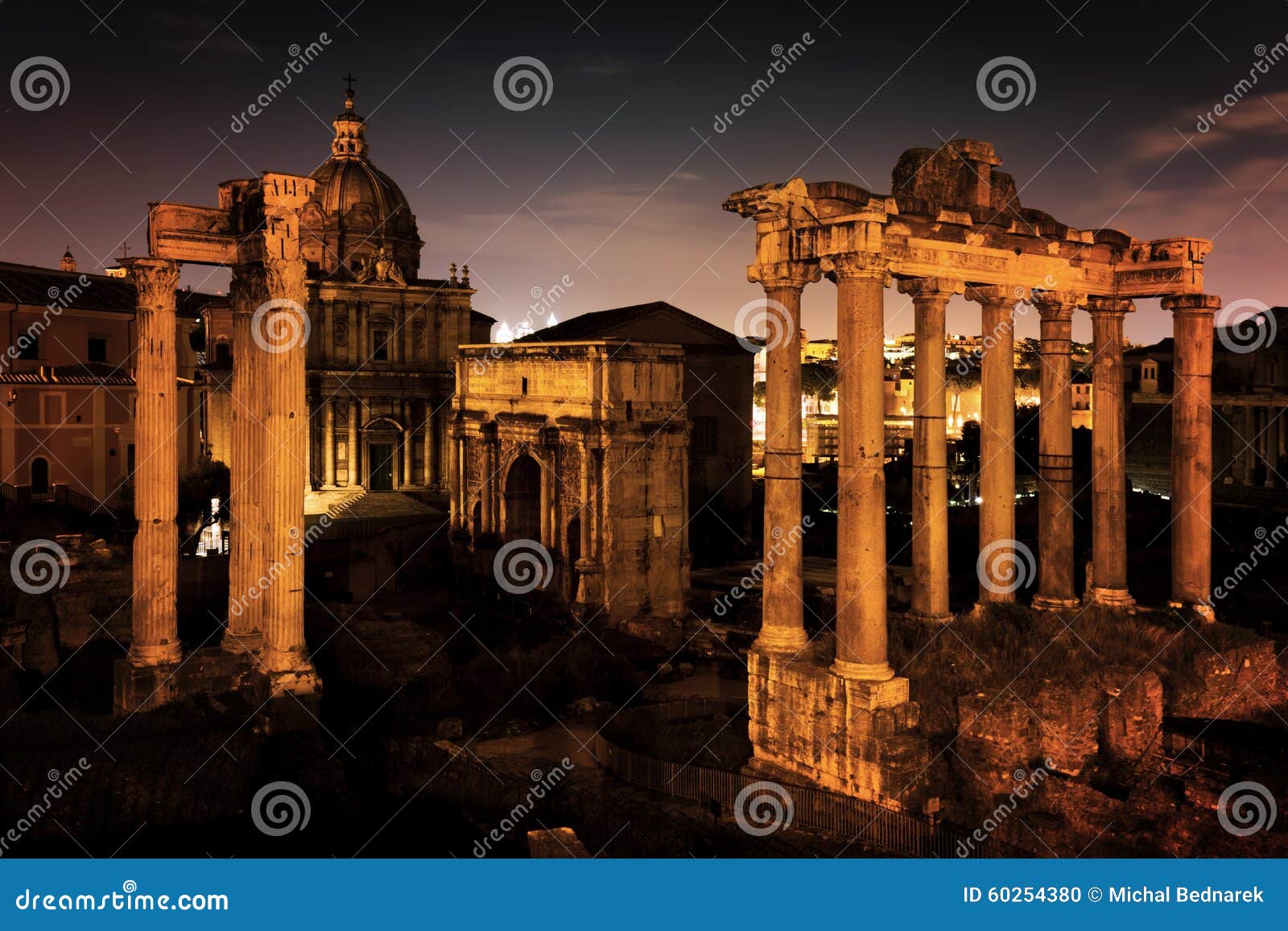 the roman forum, italian foro romano in rome, italy at night.