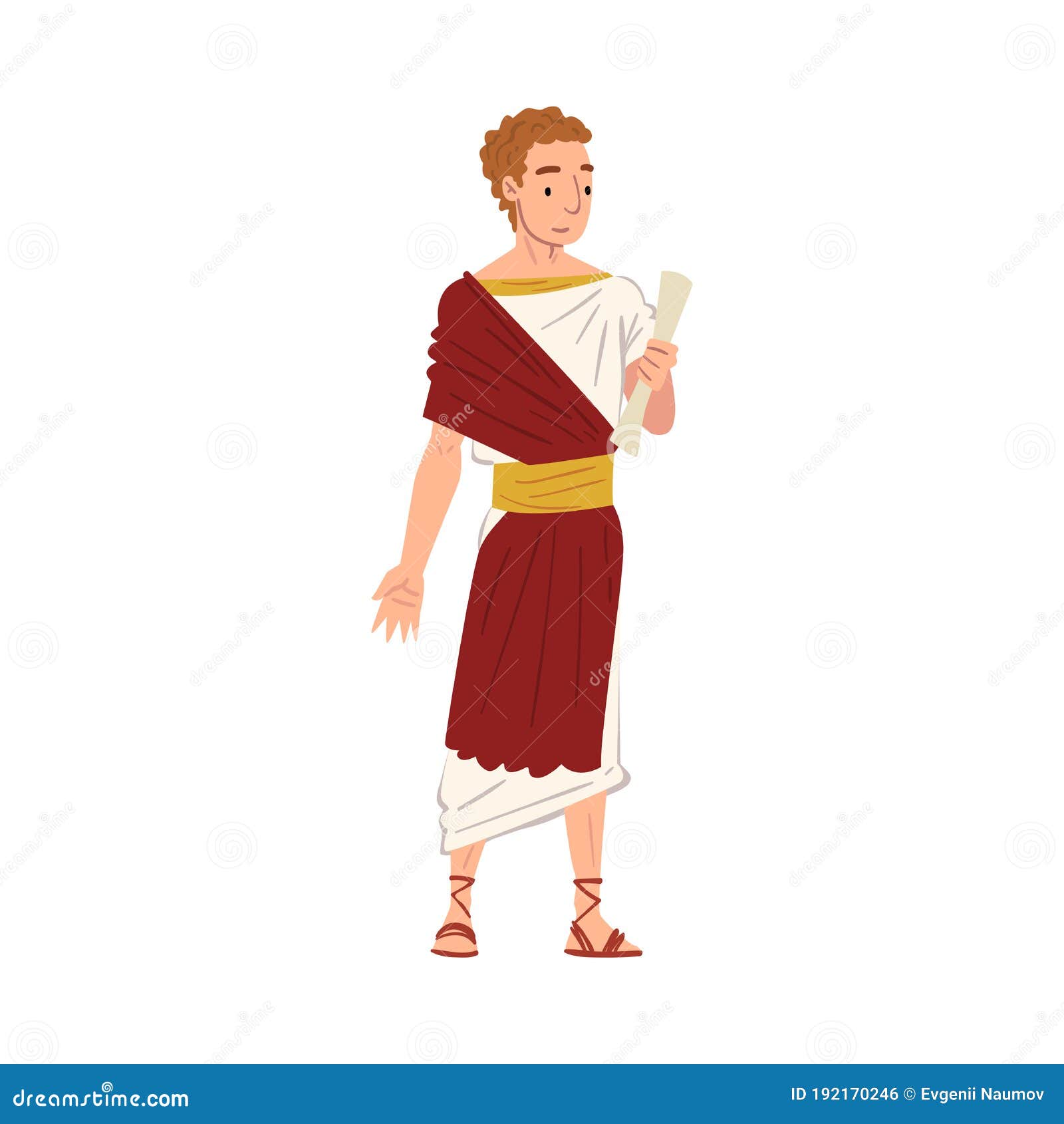 roman senator in traditional clothes, ancient rome citizen character in white and red tunic and sandals 