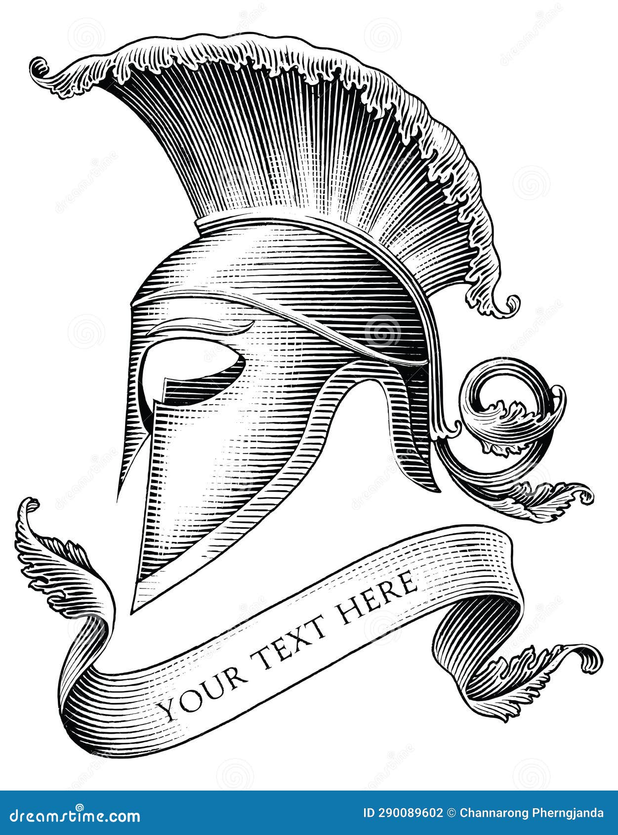 Roman Soldier Helmet with Banner Hand Draw Vintage Engraving Style