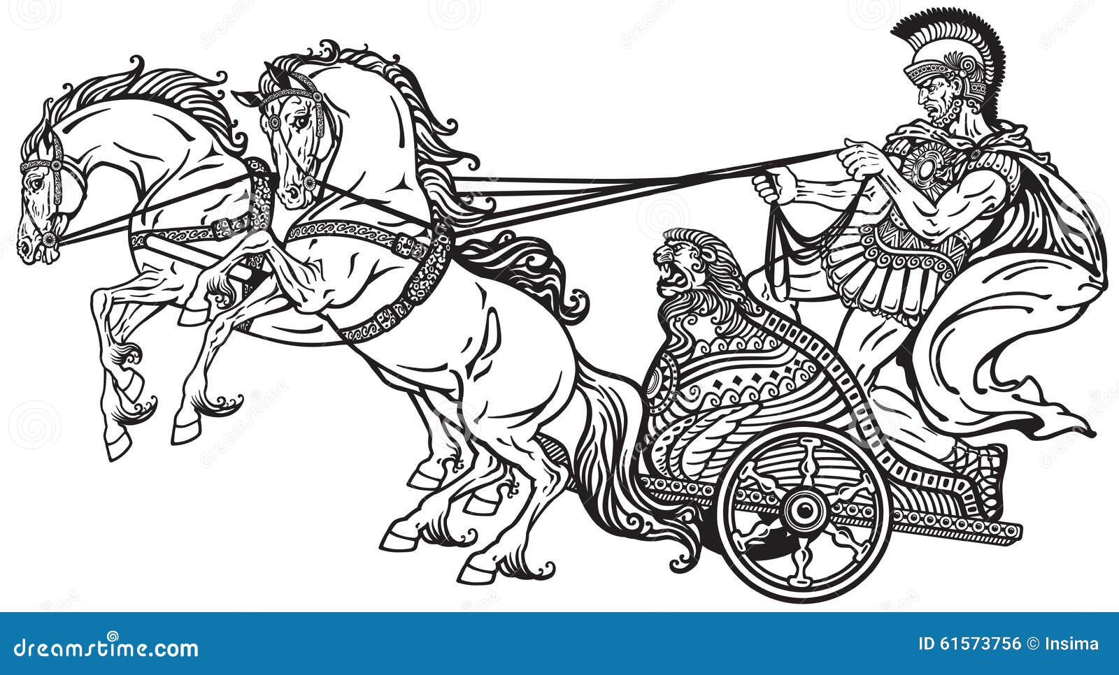 roman war chariot warrior pulled two horses black white illustration 61573756