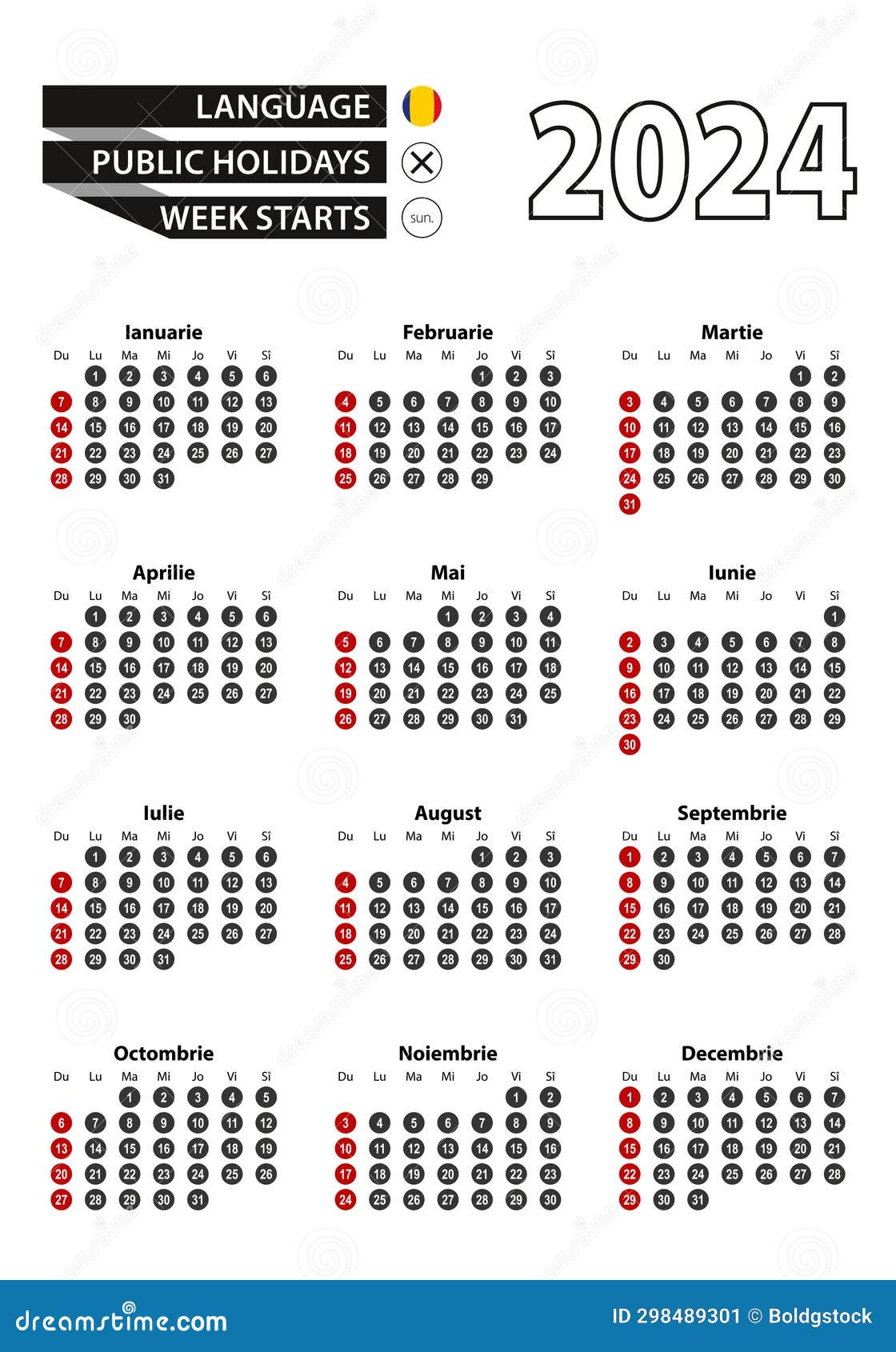 Romanian Calendar 2025 with Numbers in Circles, Week Starts on Sunday