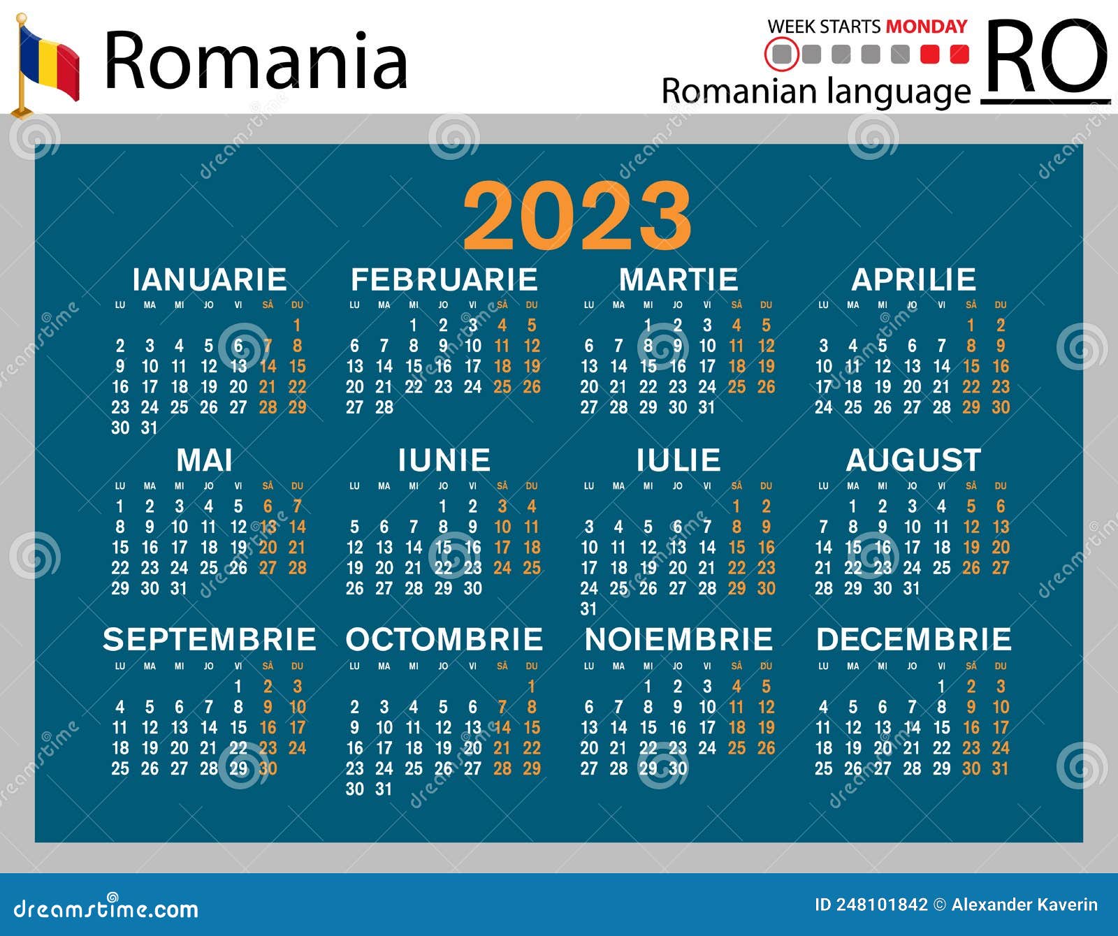 Romanian Horizontal Pocket Calendar for 2023. Week Starts Monday Stock