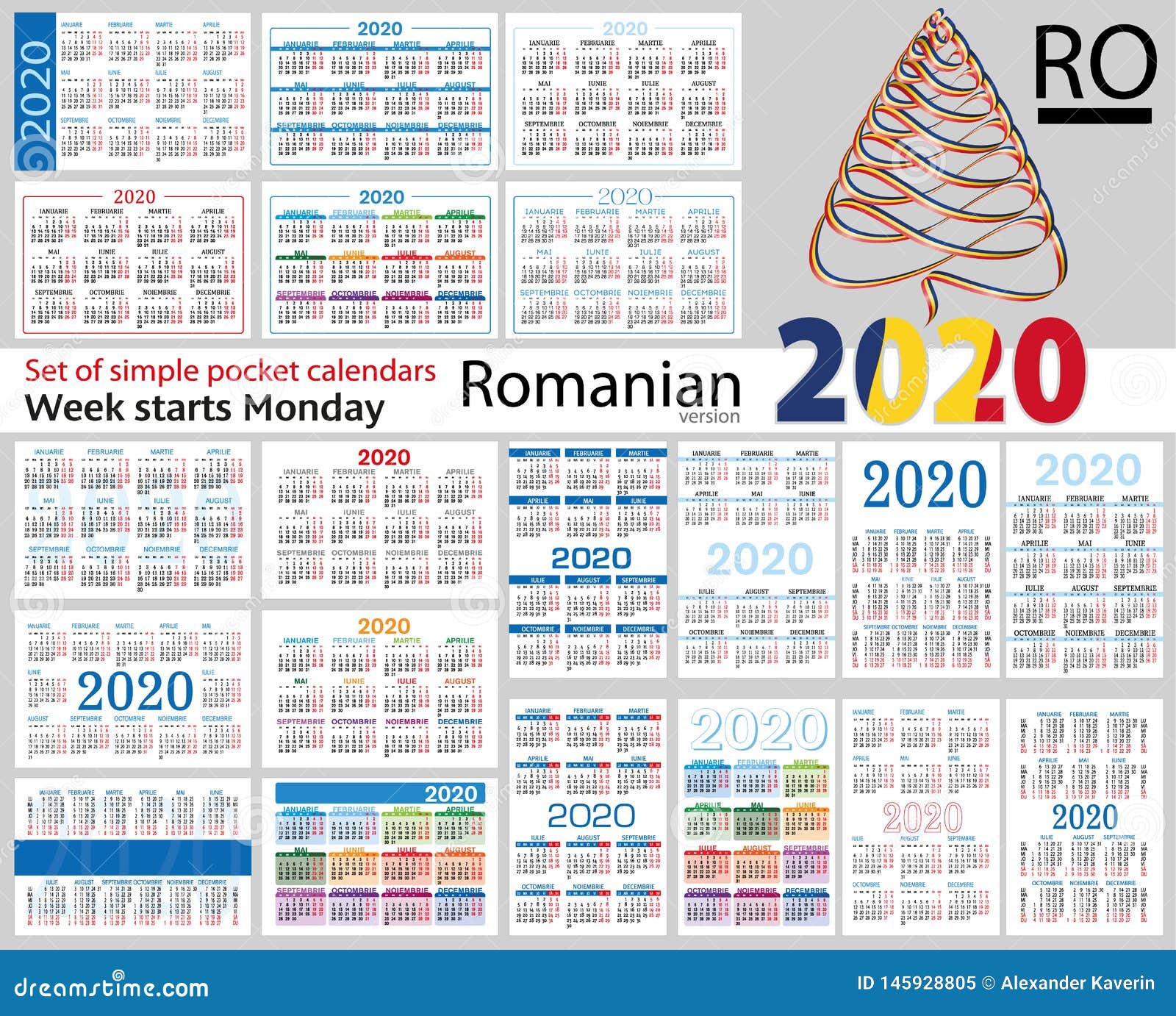 Romanian Set of Pocket Calendars for 2020 Stock Vector Illustration