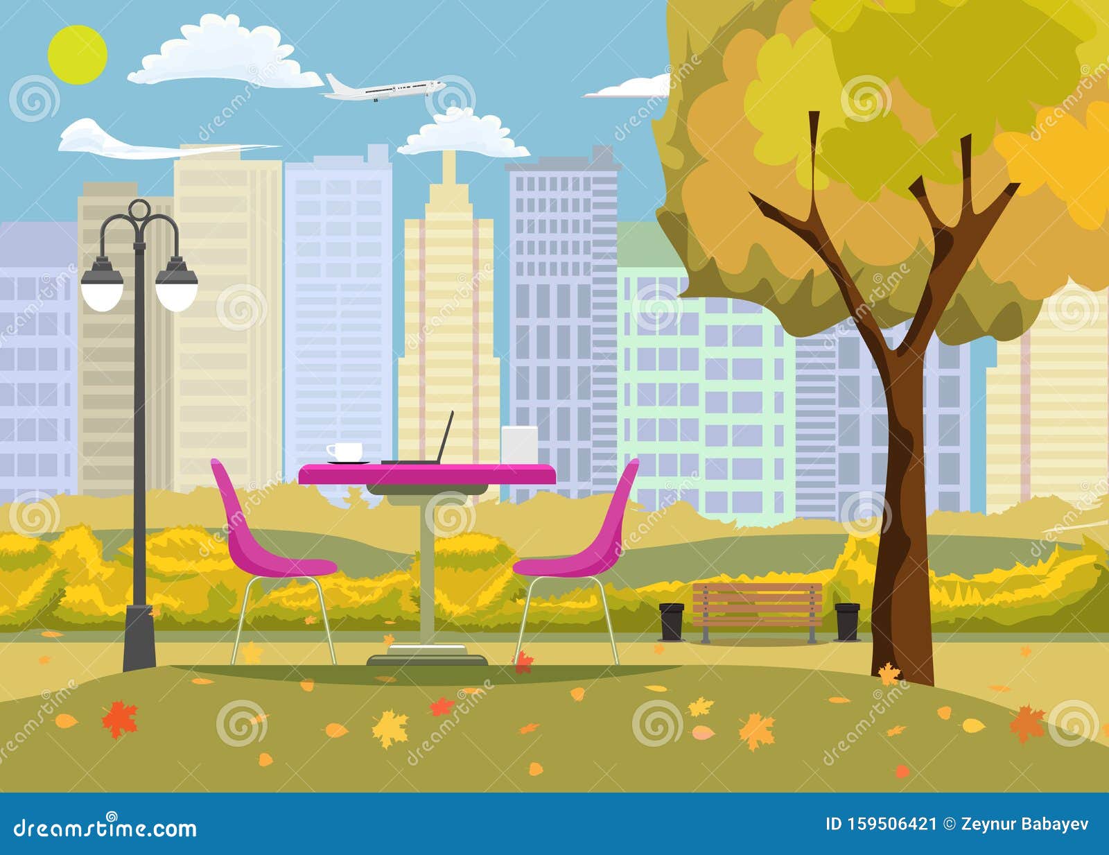 Romantic Autumn Outdoor Cafe At A Park With Cityscape Background. Table ...