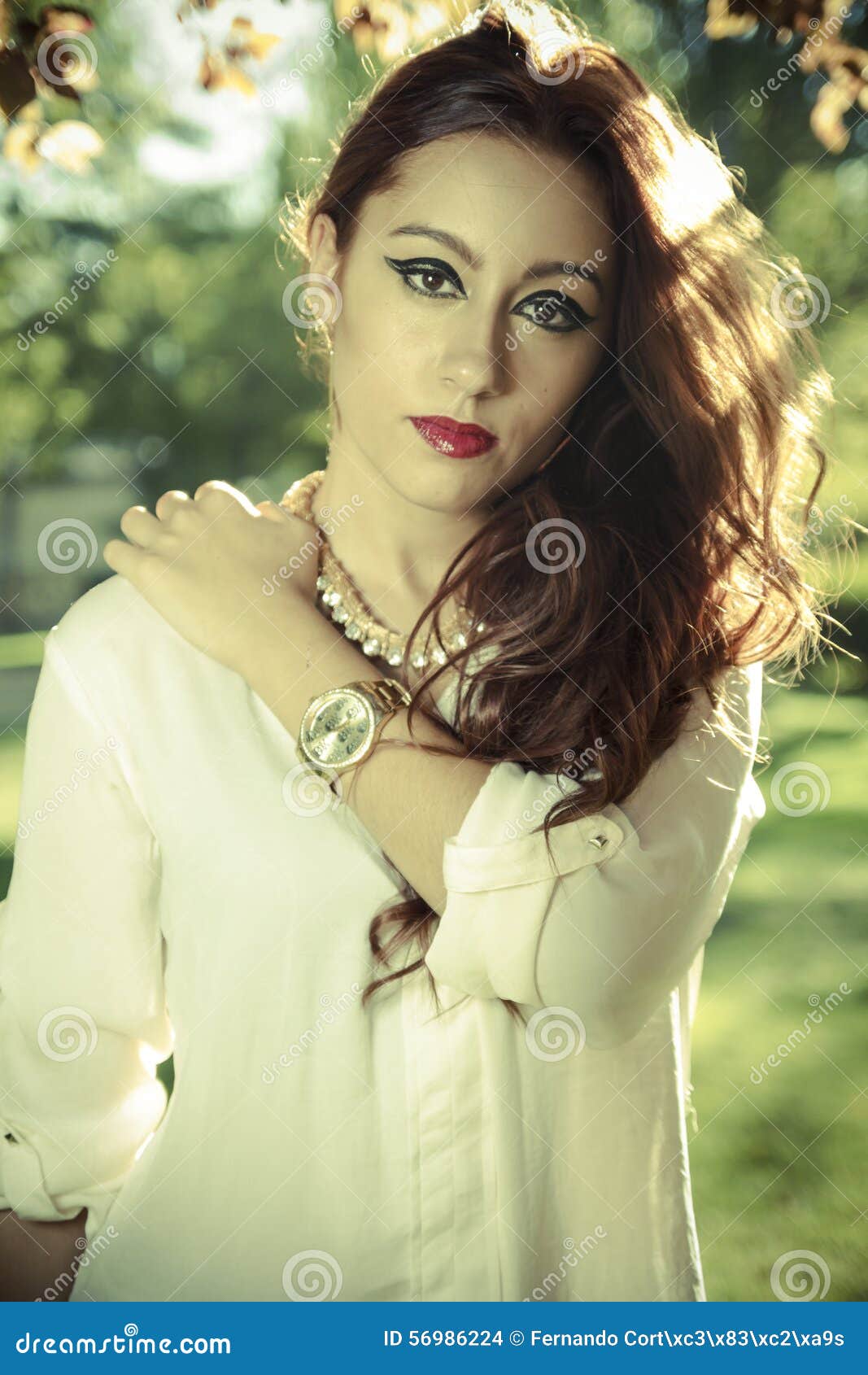 Romantic Beautiful Woman In A Forest Redhead With Long Hair Stock