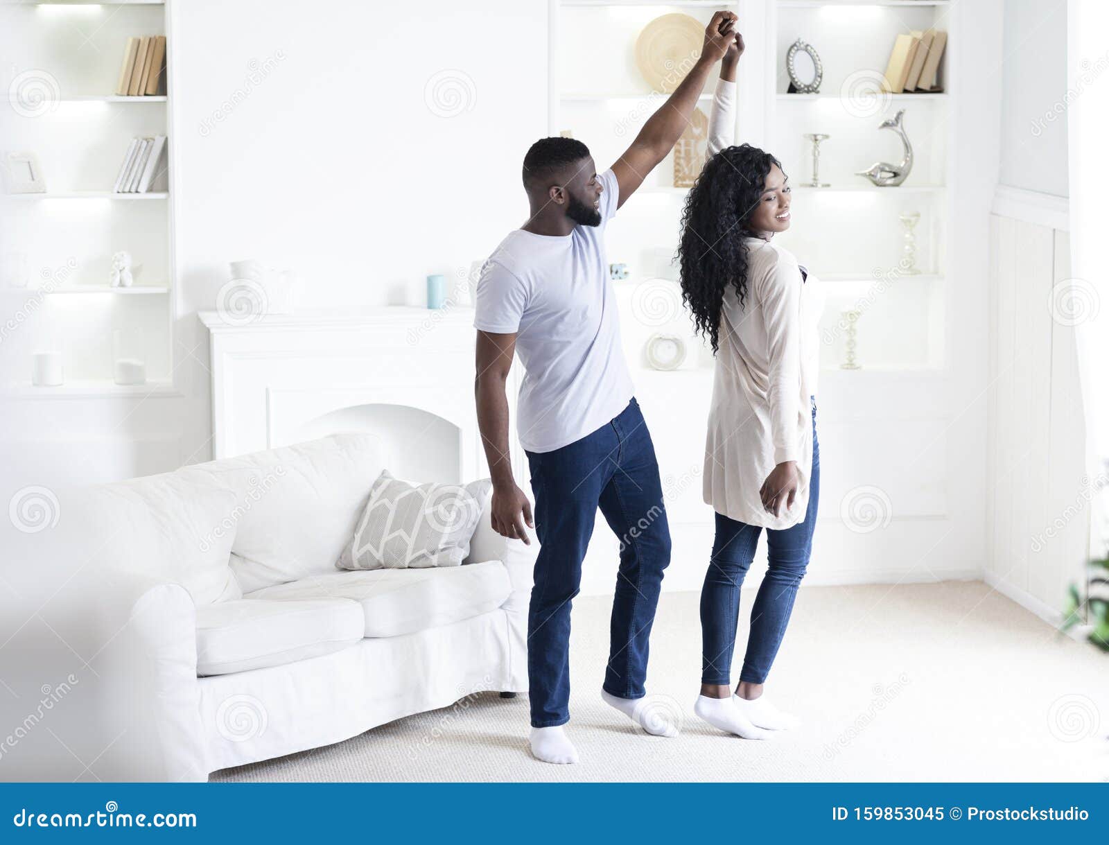 Romantic African American Couple Dancing At Home Holding Hands Stock Image Image Of Joyful 