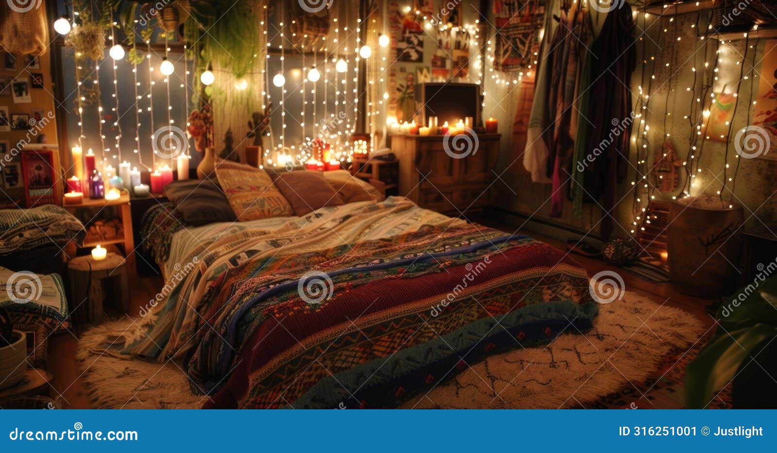 a romantic bohemian bedroom with colorful blankets and dozens of hanging candles creating a warm and inviting atmosphere