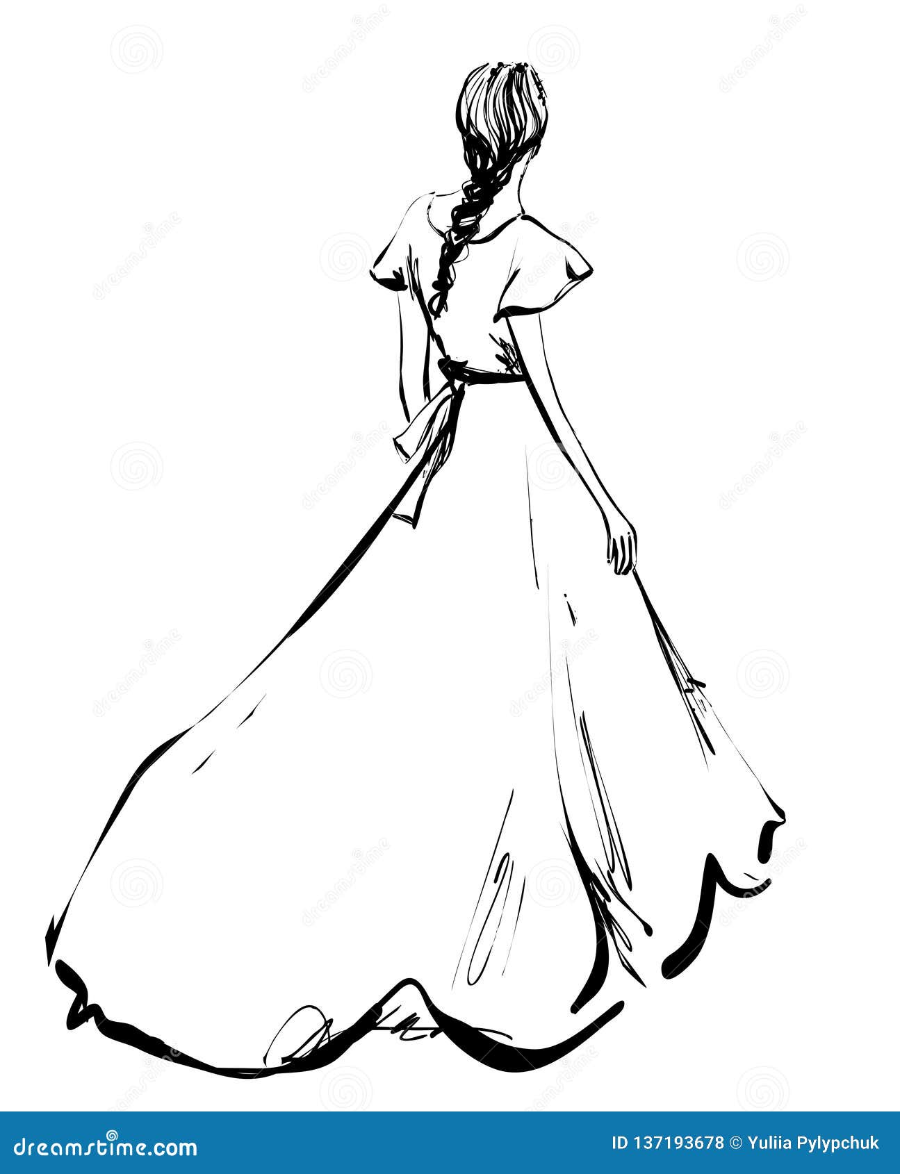 Romantic Braided Hairstyles. Girl in Long Dress. Monochrome Sketch ...