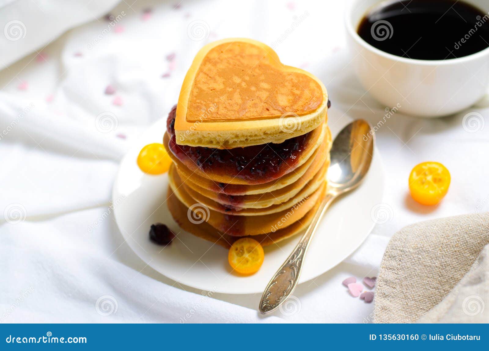 Romantic Breakfast in Bed, Pancakes, Coffee, Love Letters on White Bed ...