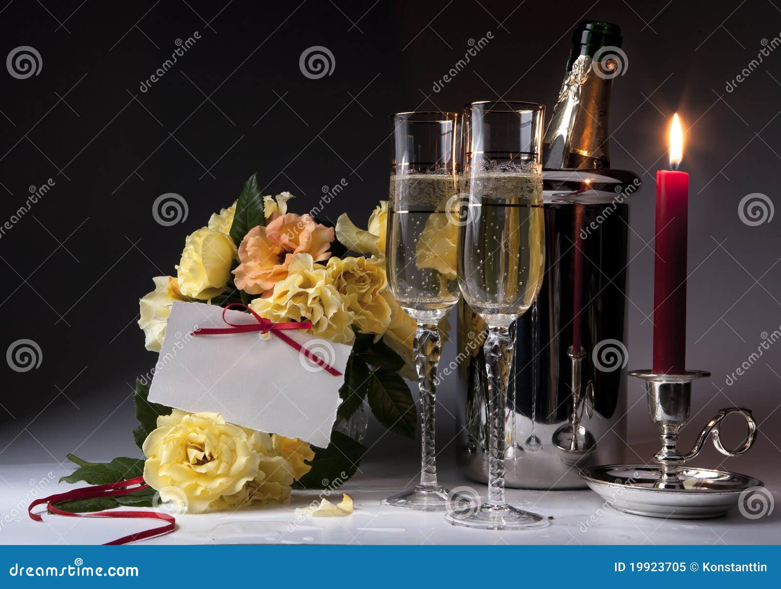 Romantic Card With Burning Candles And Champagne Stock 