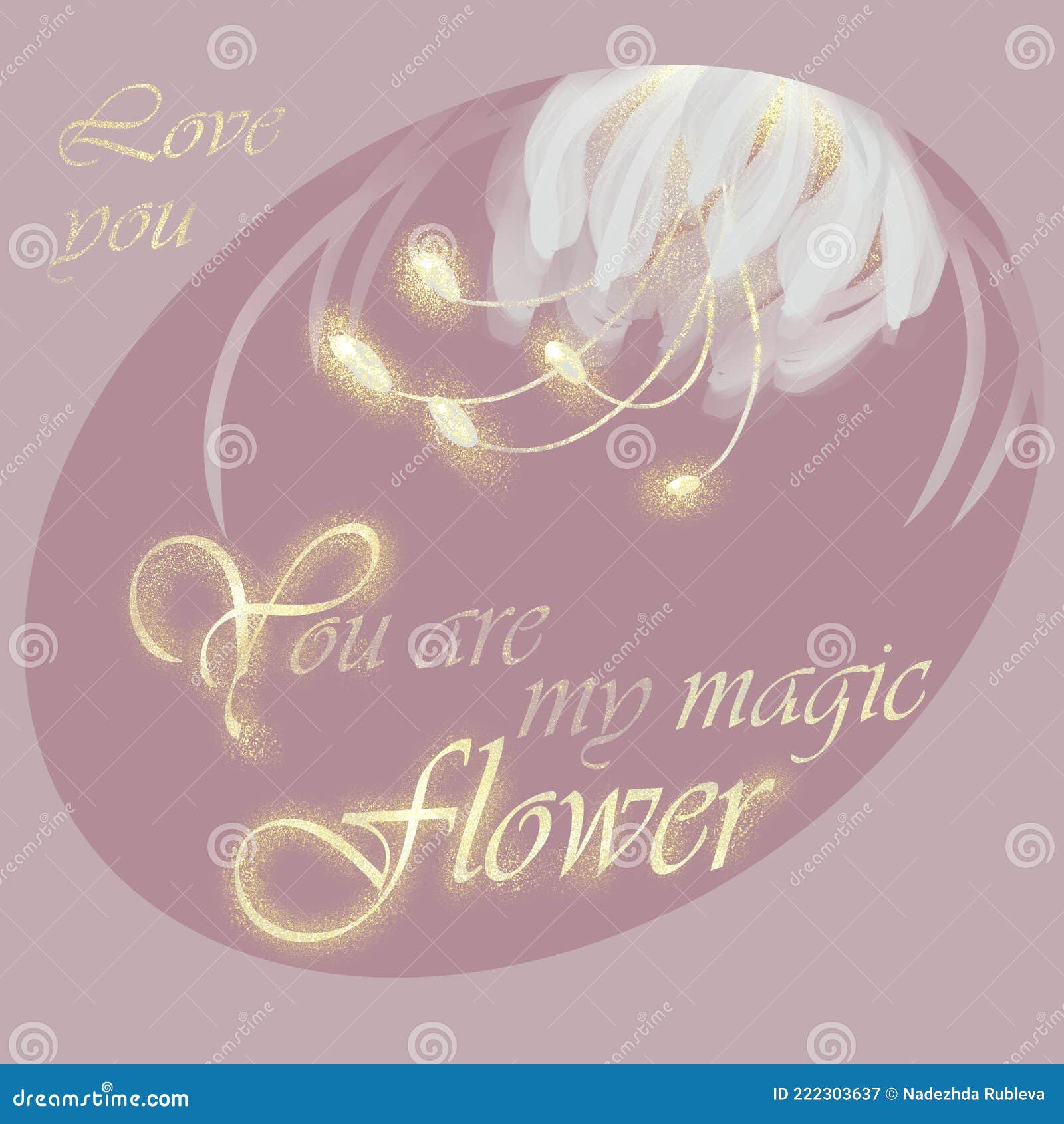 romantic card with white magic flower and golden glow effect.