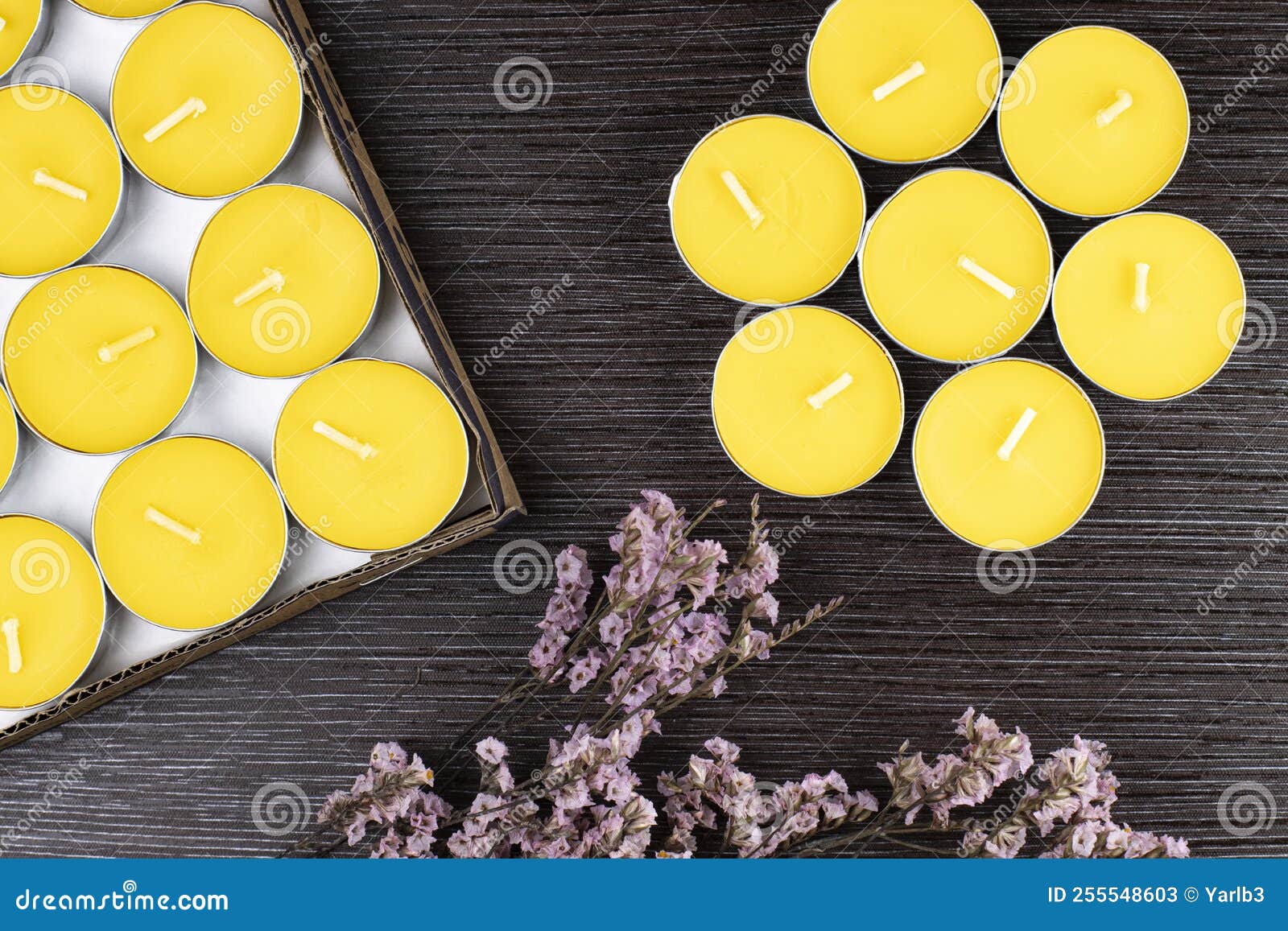Romantic Composition of Aromatic Candles on a Dark Background, Top View