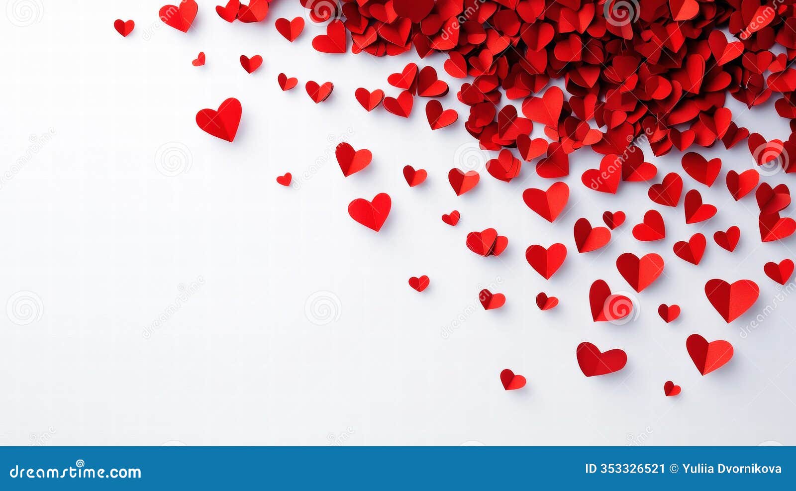 romantic composition of paper red hearts falling from above the image. clean white background. generative ai
