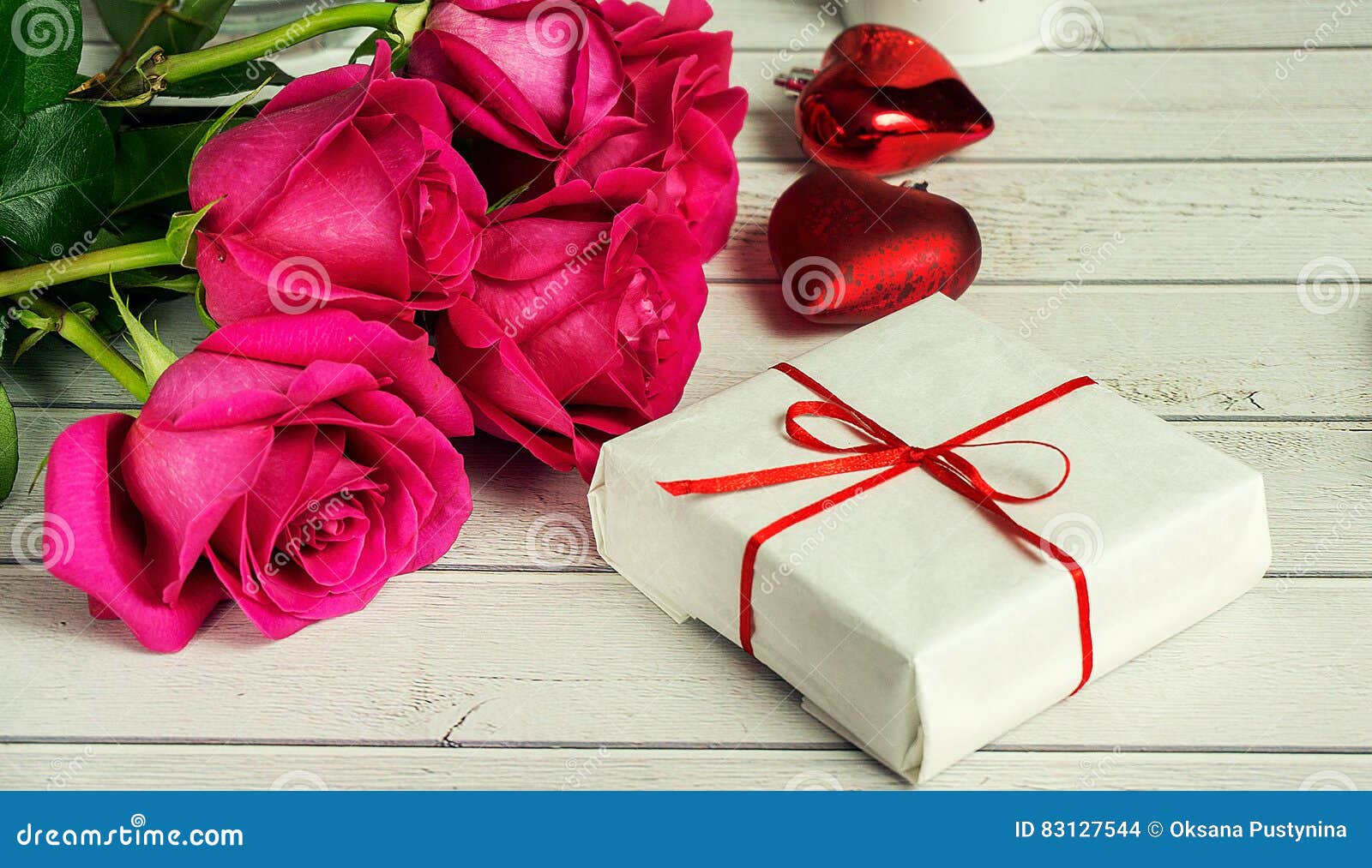 Romantic Composition With Rose Flowers And Gift St. Valentines Day Background Stock Photo