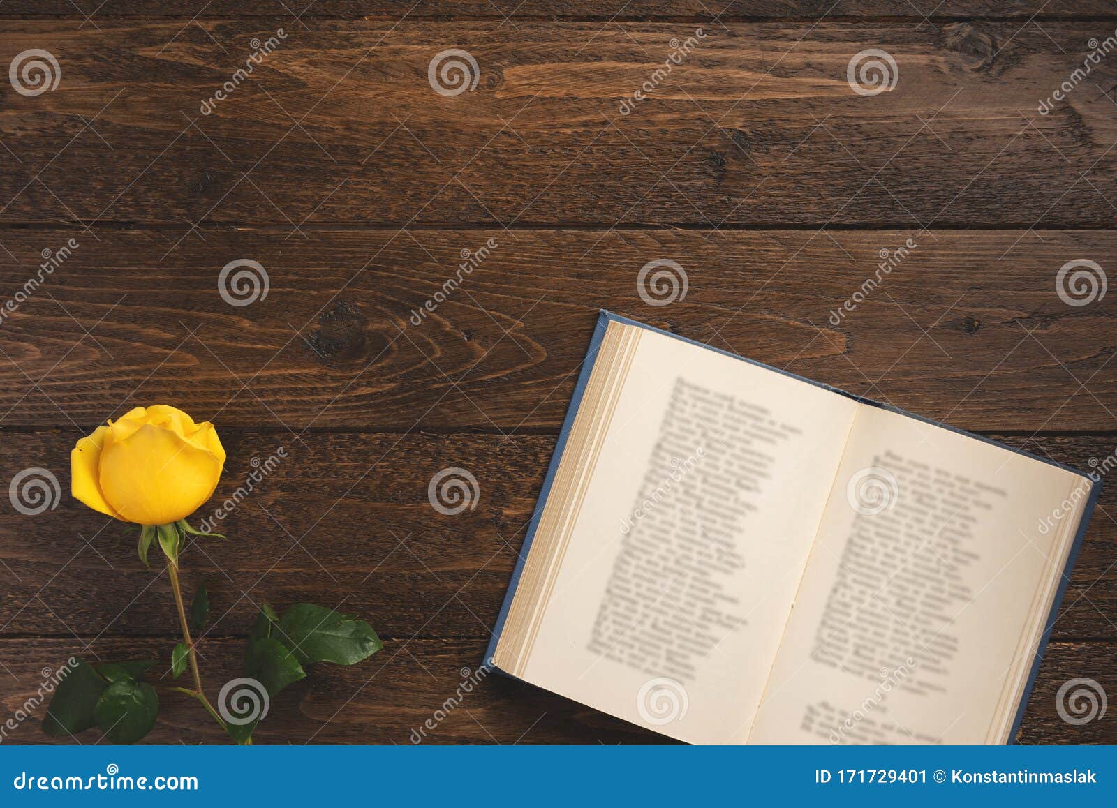 romantic concept. open book with poems and rose, on wooden background