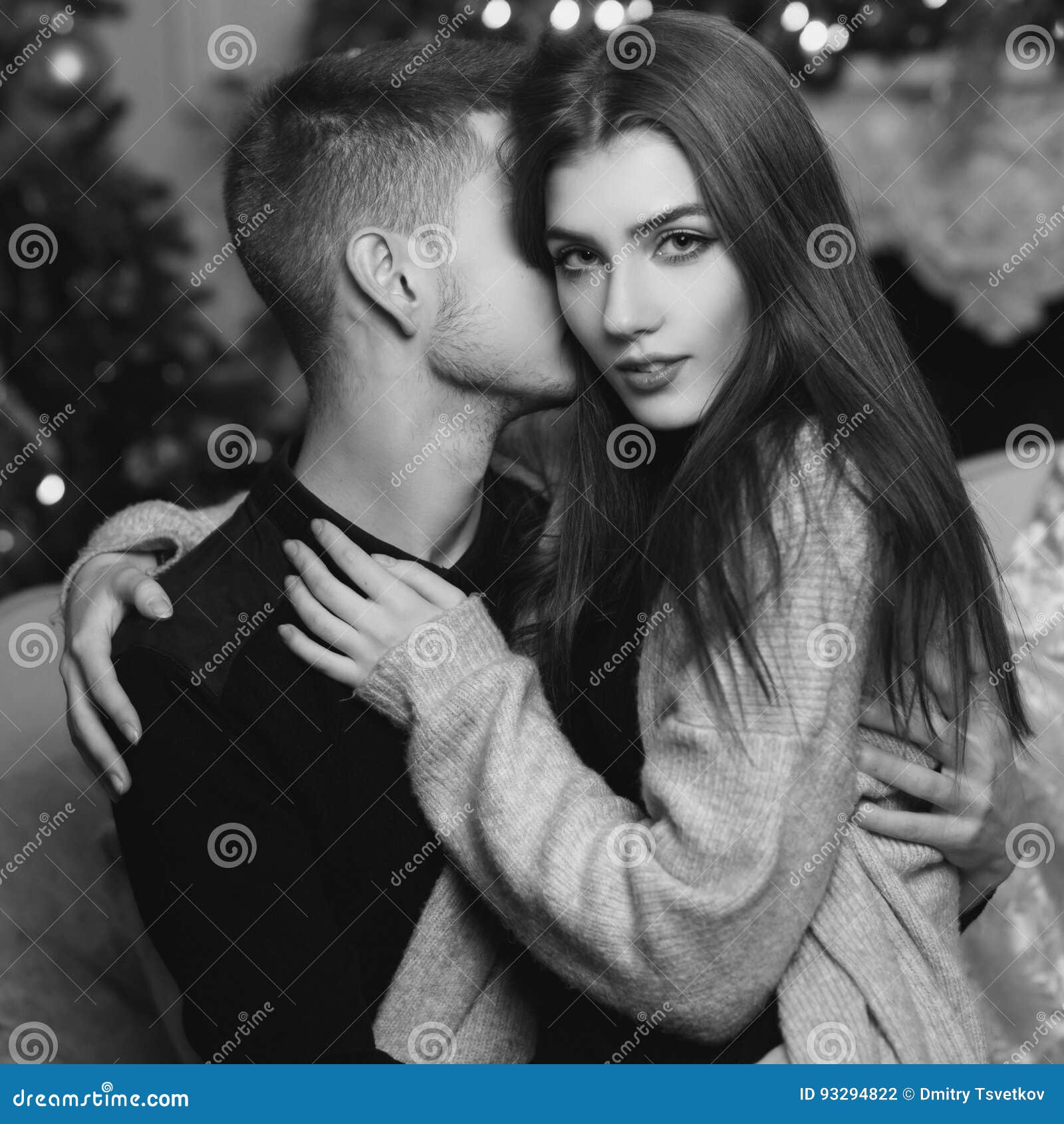Romantic Couple Hugging In Christmas Interior Stock Photo Image