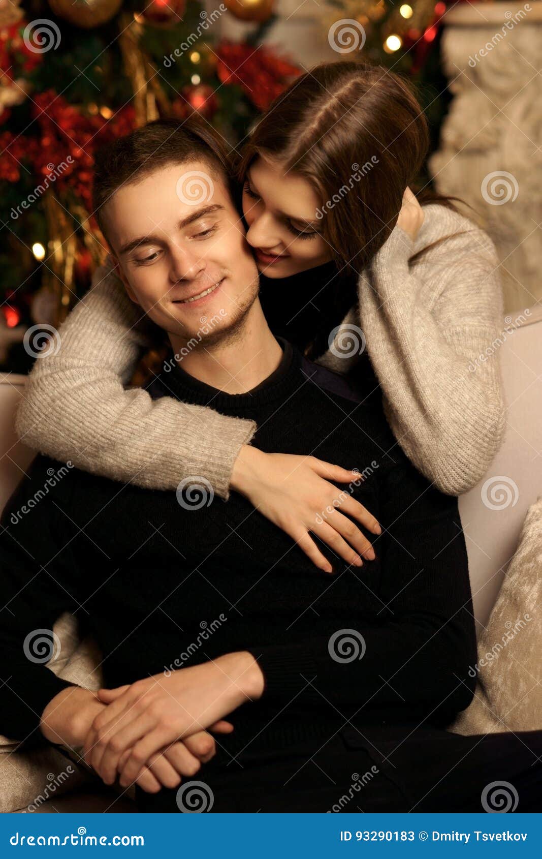 Romantic Couple Hugging in Christmas Interior Stock Image - Image ...