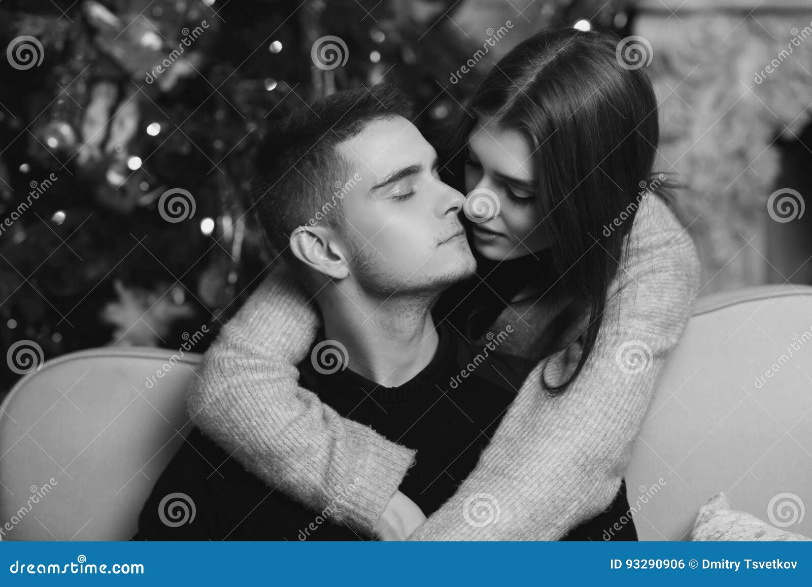 Romantic Couple Hugging in Christmas Interior Stock Photo - Image ...