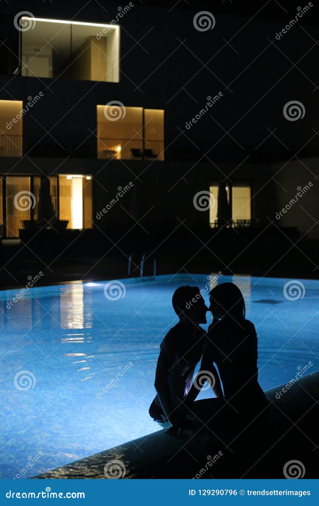 Romantic Couple Kissing at the Pool in the Night Stock Photo Image of
