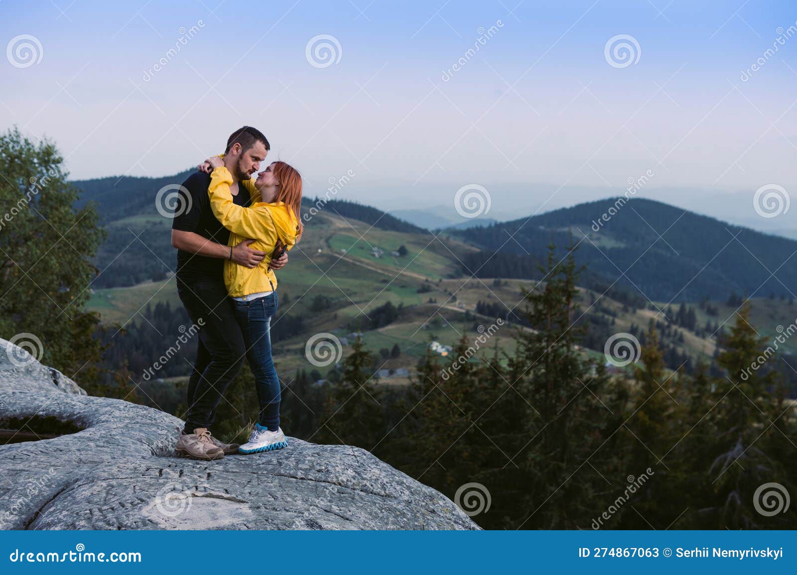 Romantic Couple in Love Hikers in Mountains. Young Man and Woman ...