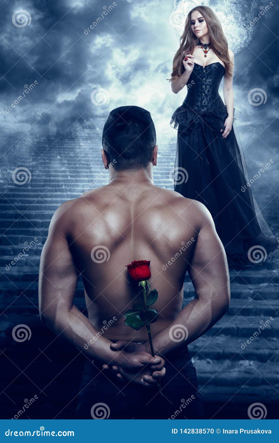 romantic couple, man give flower to beautiful woman, sexy lover athletic holding rose