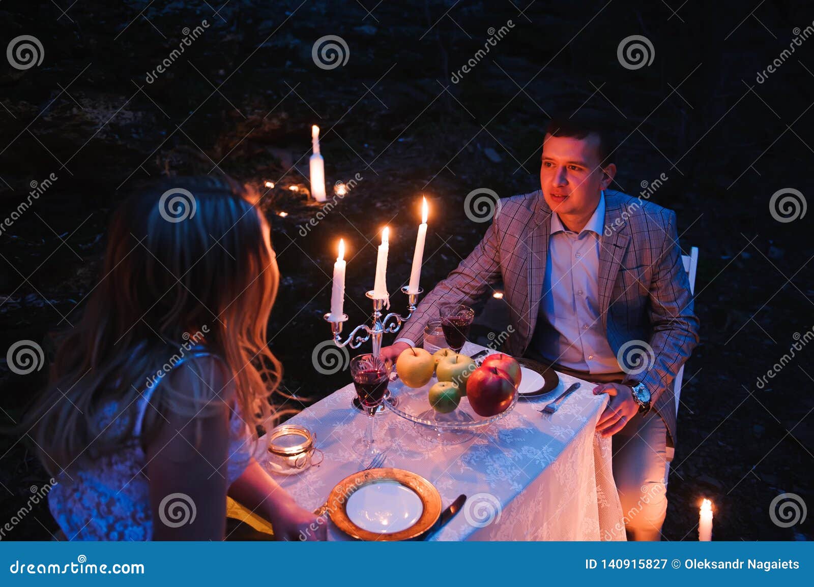 Romantic Couple Together Over Candlelight During Romantic Dinner Outdoors Stock Image Image Of