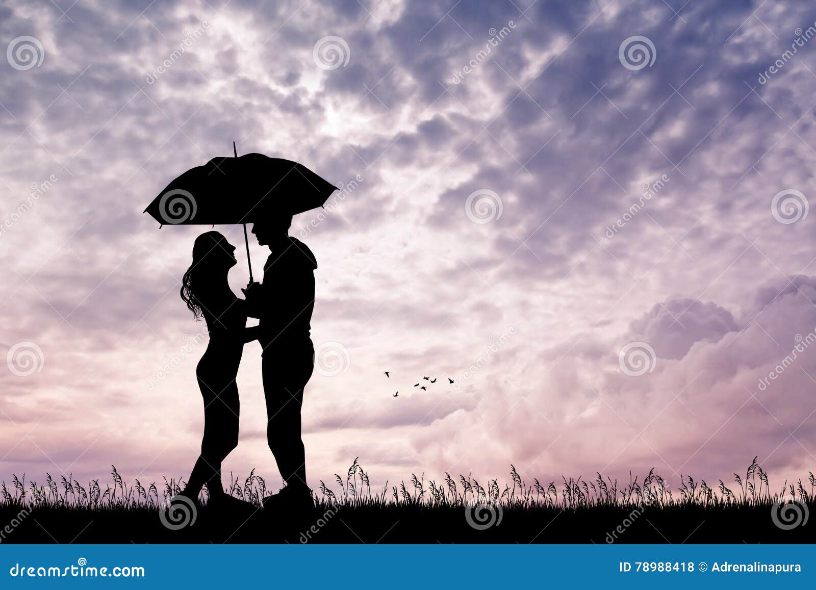Romantic Couple with Umbrella at Sunset Stock Illustration