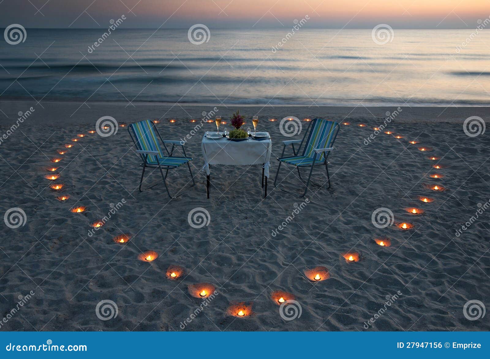 Romantic Dinner on the Sea Beach with Candle Heart Stock Photo Image