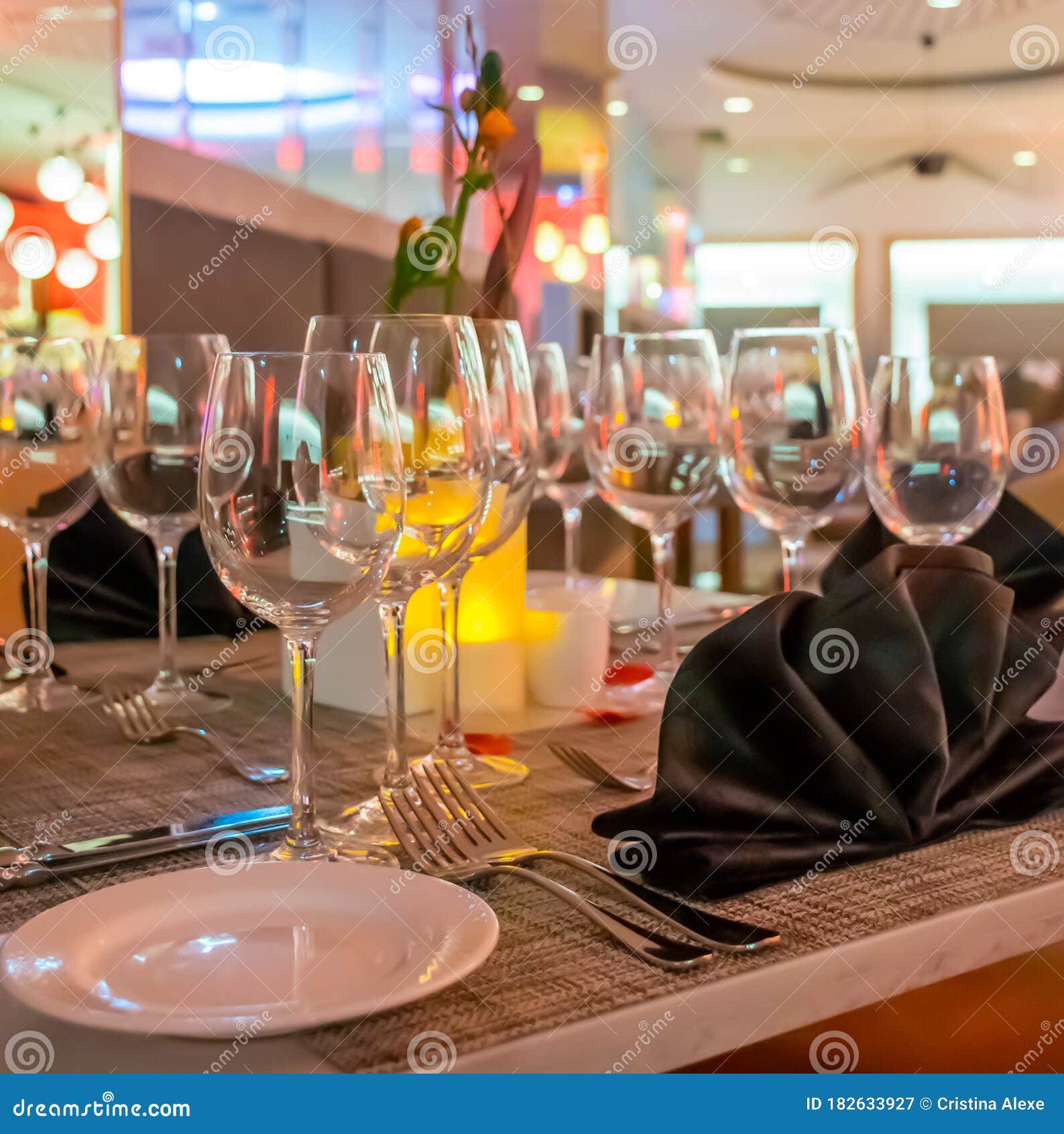 Romantic Dinner Table Setup Decoration with Candle Light in a