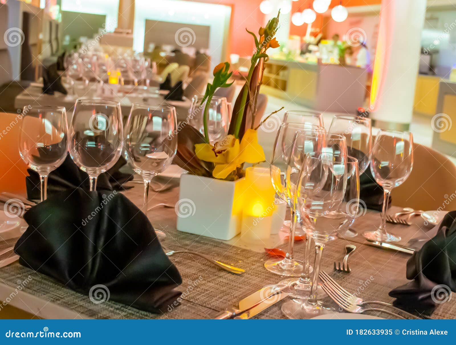 Romantic Dinner Table Setup Decoration with Candle Light in a