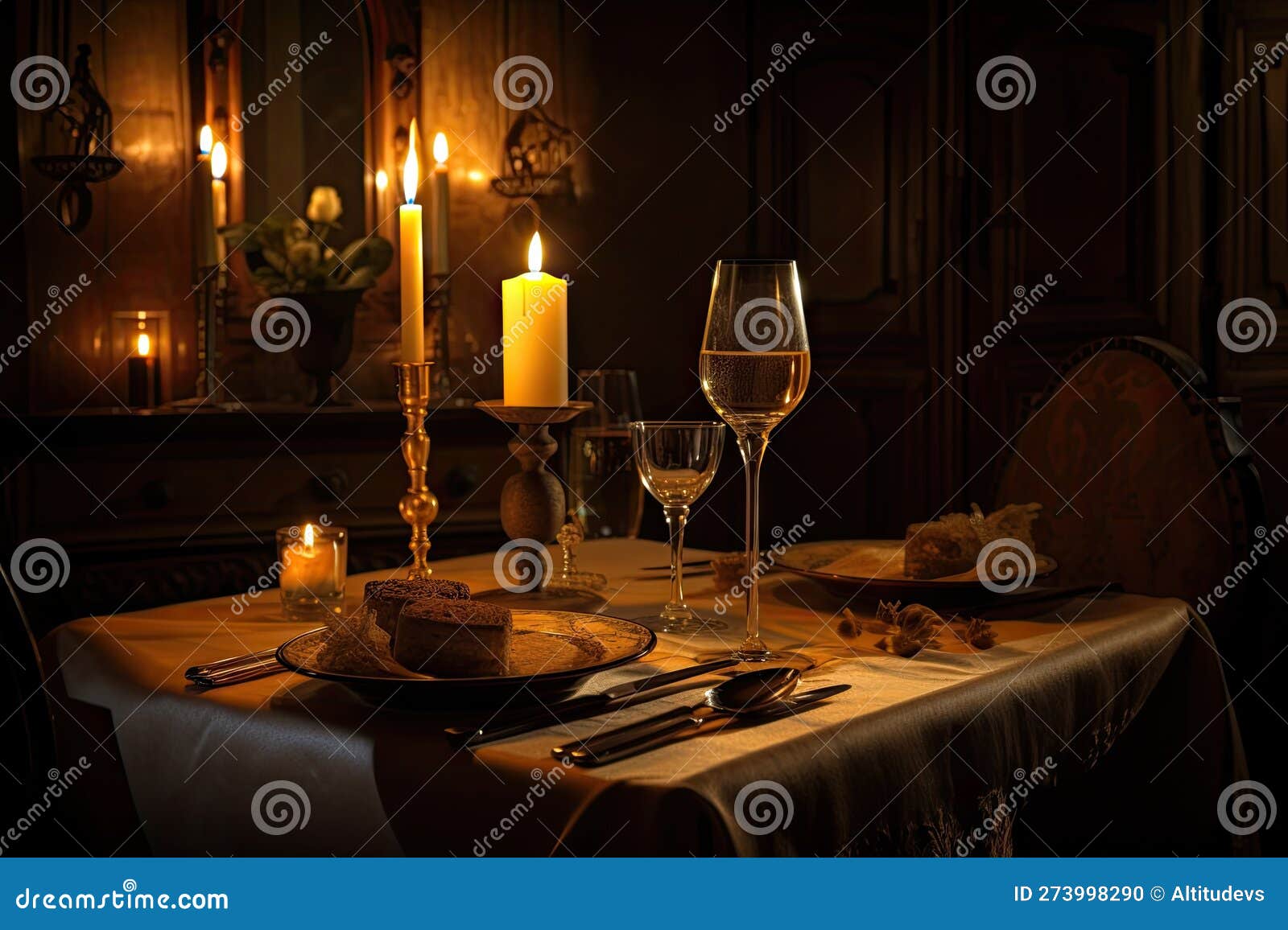 Romantic Dinner for Two, with Candlelight and Fine Dining Setting Stock