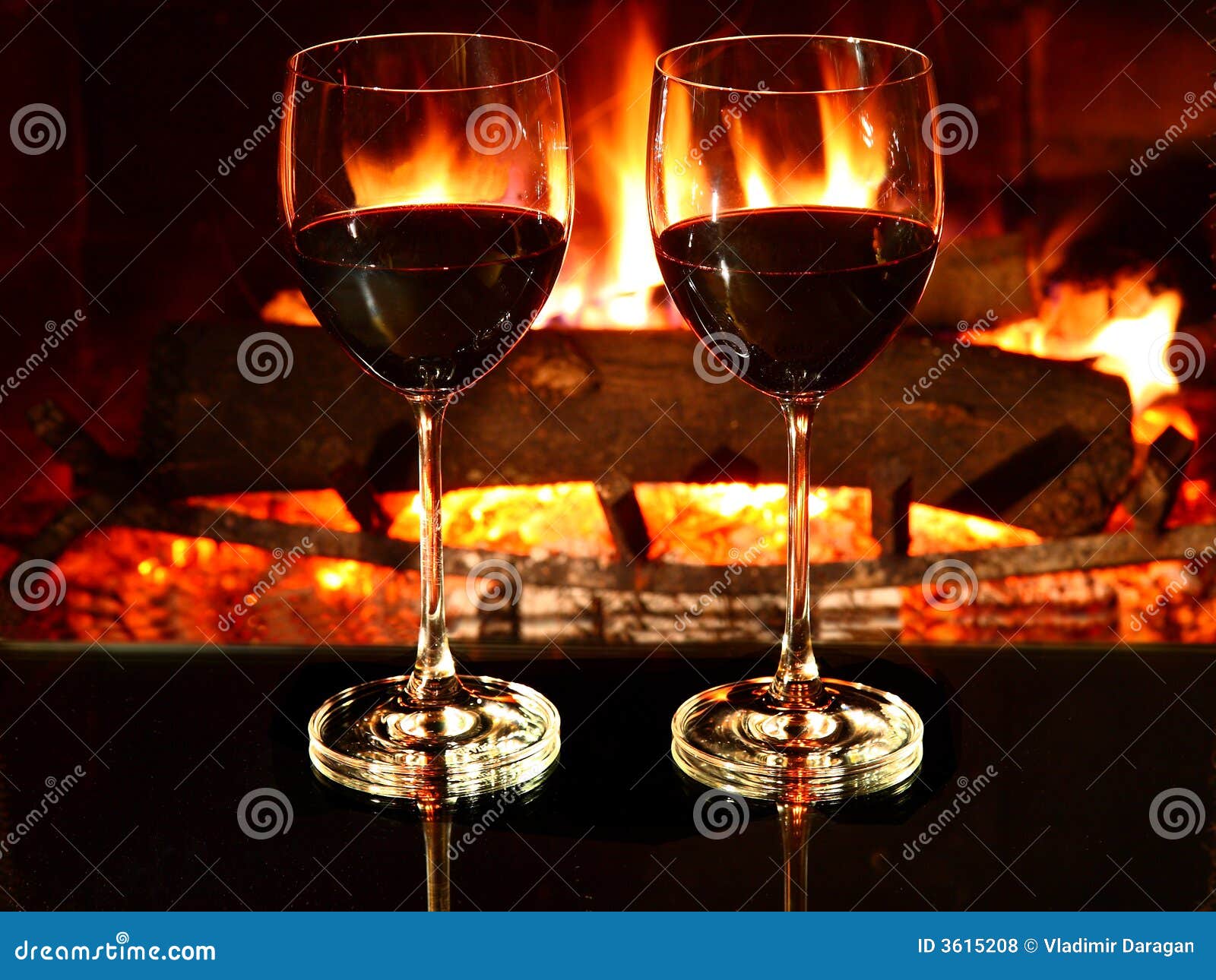 romantic dinner, wine, fireplace