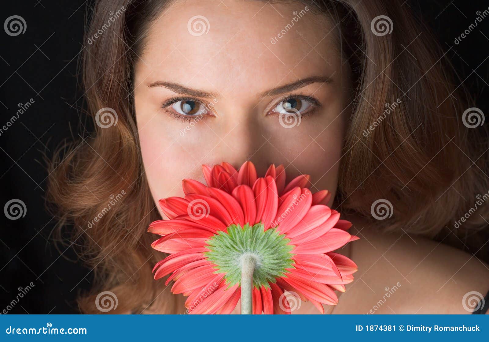 Romantic Eyes of a Young Lady with Red Gerber Stock Image Image of