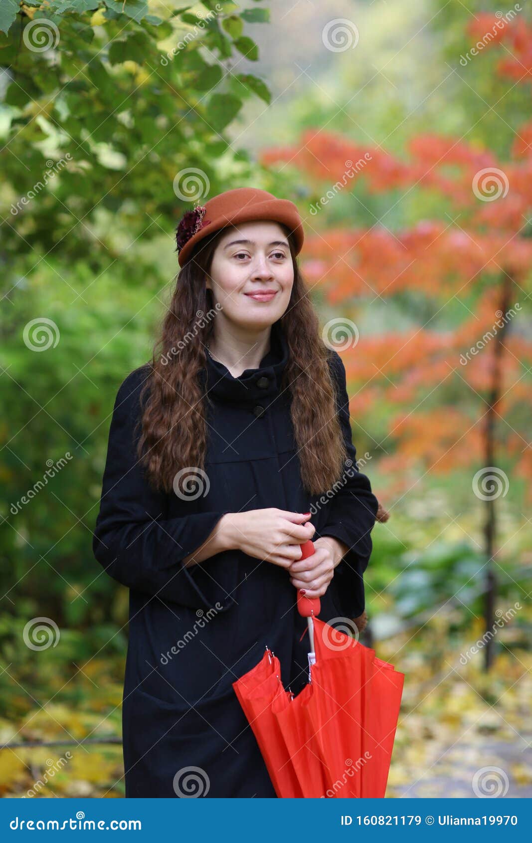 Romantic Fall Outdoor Retro Vintage Portrait of Woman with Red Umbrella ...