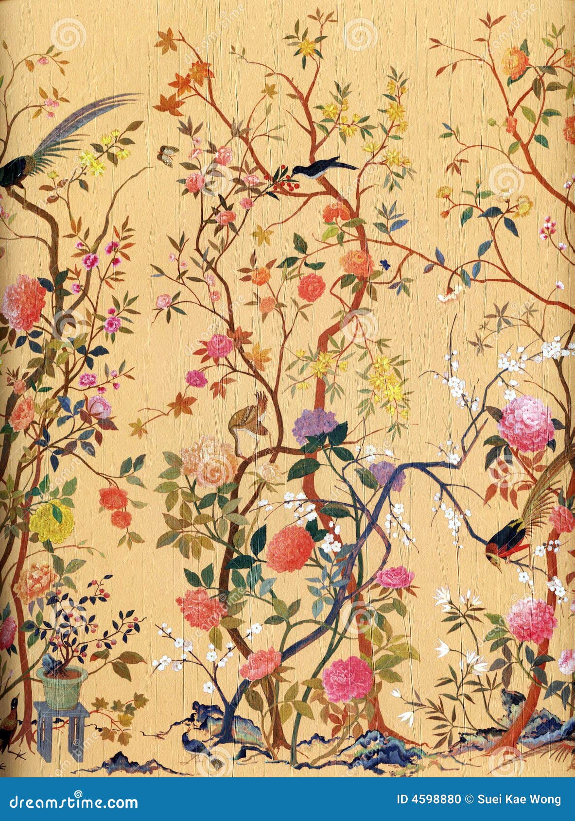 romantic oriental flowers and birds art wallpaper