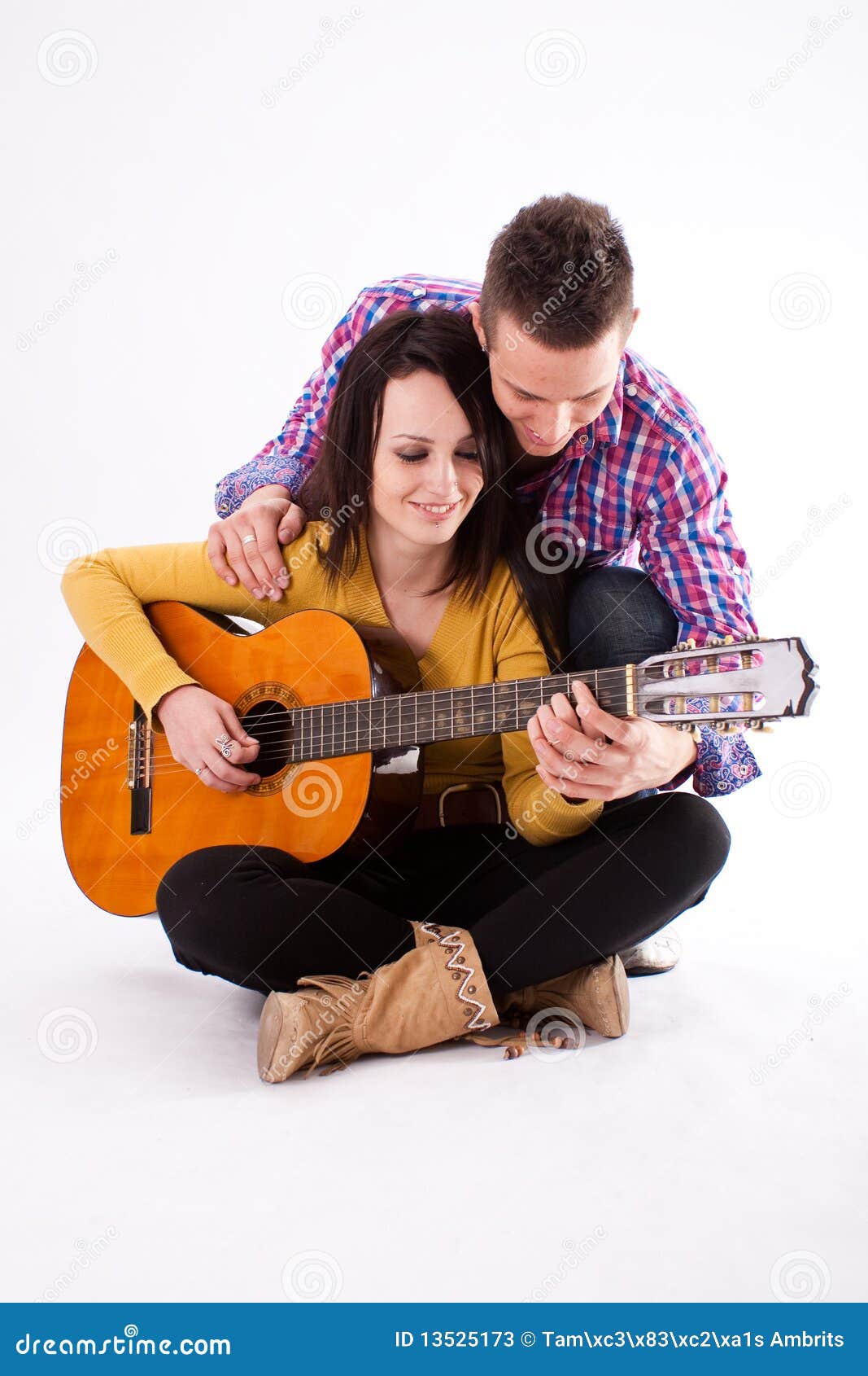Romantic guitar  couple  stock image Image of young studio 