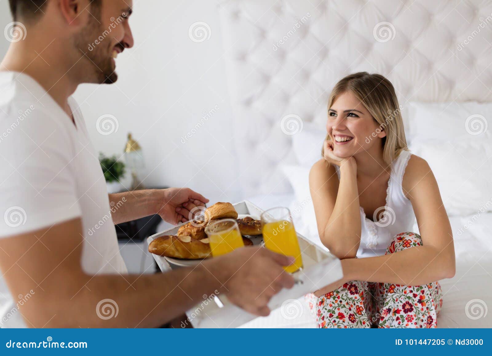 Romantic Husband Waking Wife with Breakfast in Bed Stock Image ...