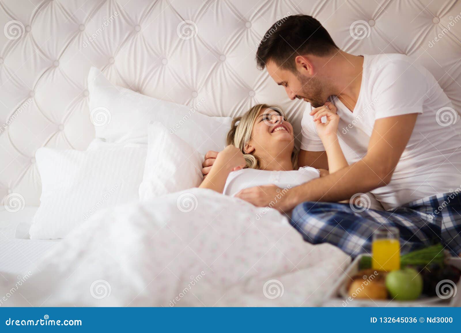 Romantic Husband Waking Wife with Breakfast Stock Photo - Image of ...