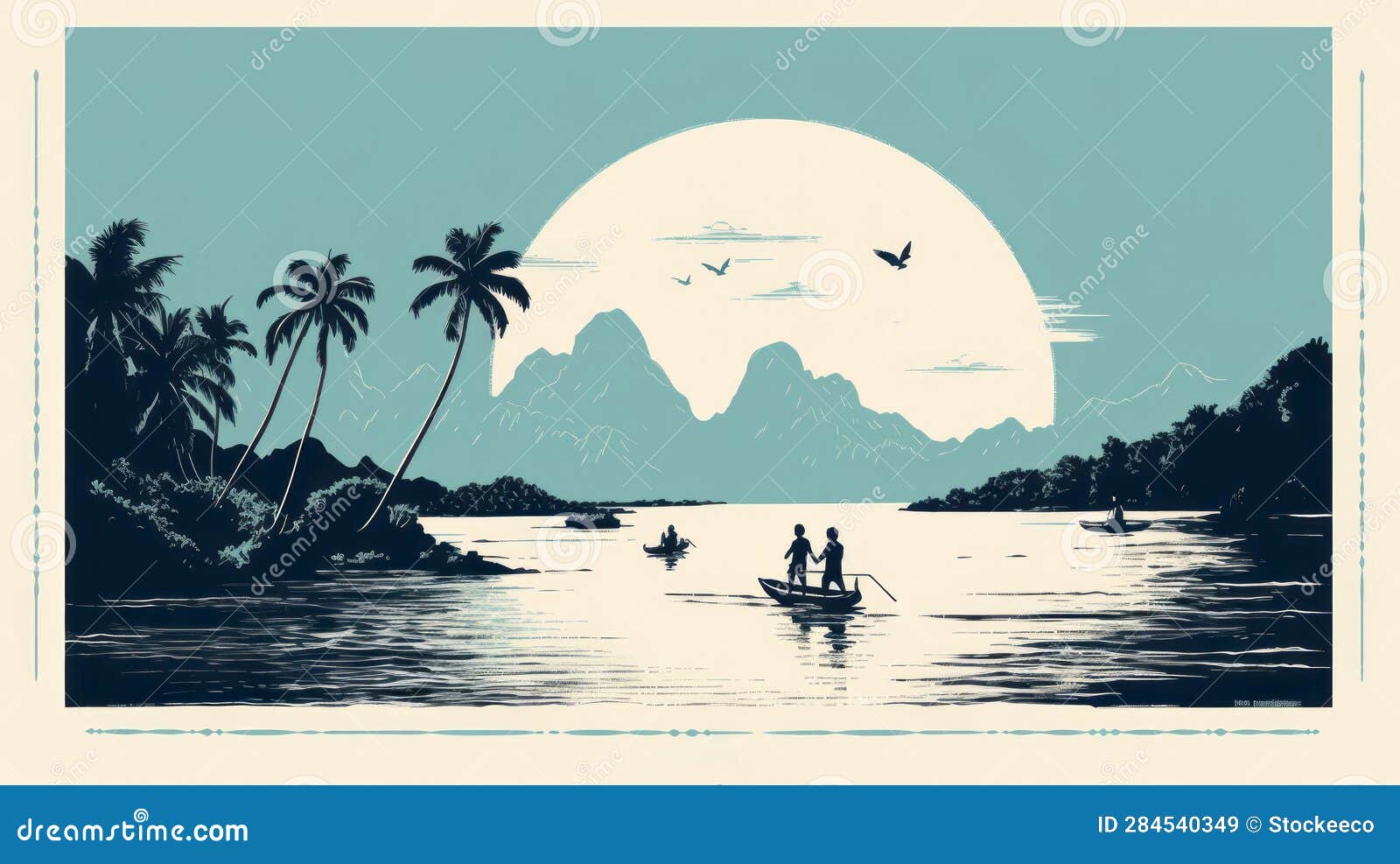 romantic  of palm trees and boat in kai fjell style