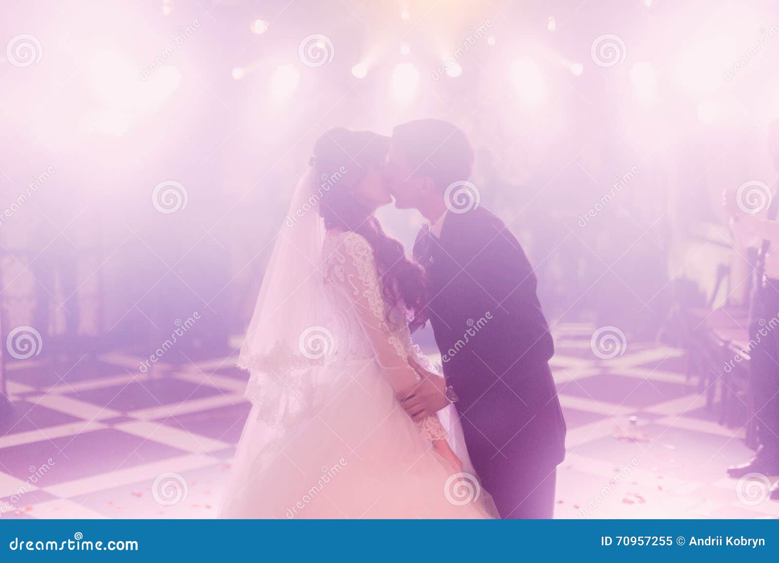 Romantic Kiss of the Bride and Groom on the Dancefloor Stock Image