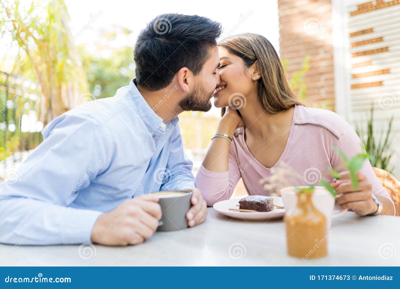 Romantic Latin Couple Kissing At Cafe Stock Image Image Of Adult Heterosexual 171374673