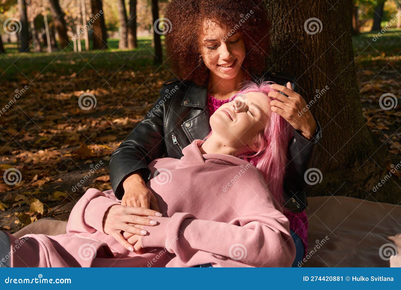Romantic Lesbian Couple Resting In Park On Sunny Autumn Day Stock Image Image Of Homosexuality