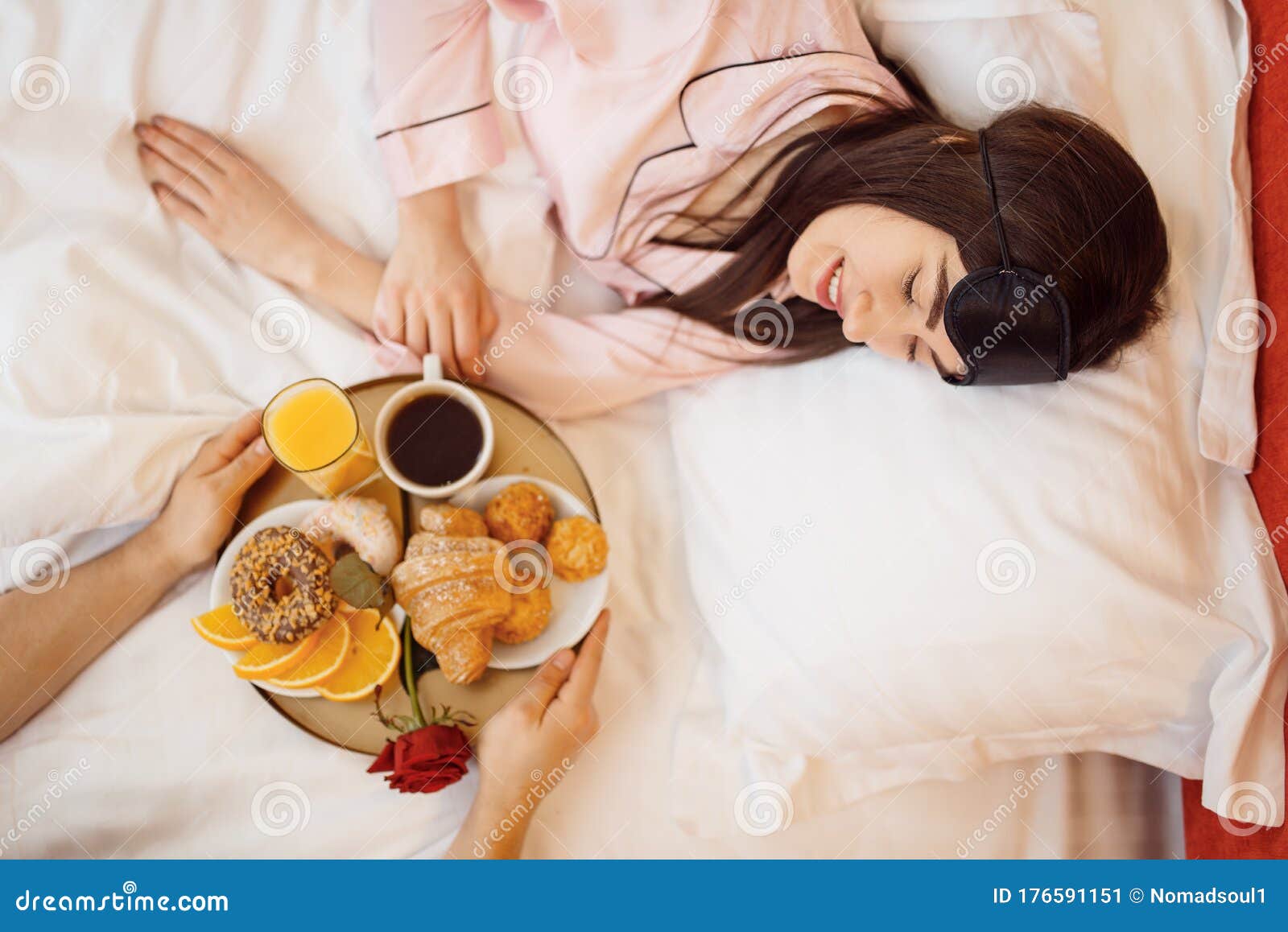 Romantic Love Couple, Breakfast and Rose in Bed Stock Image ...